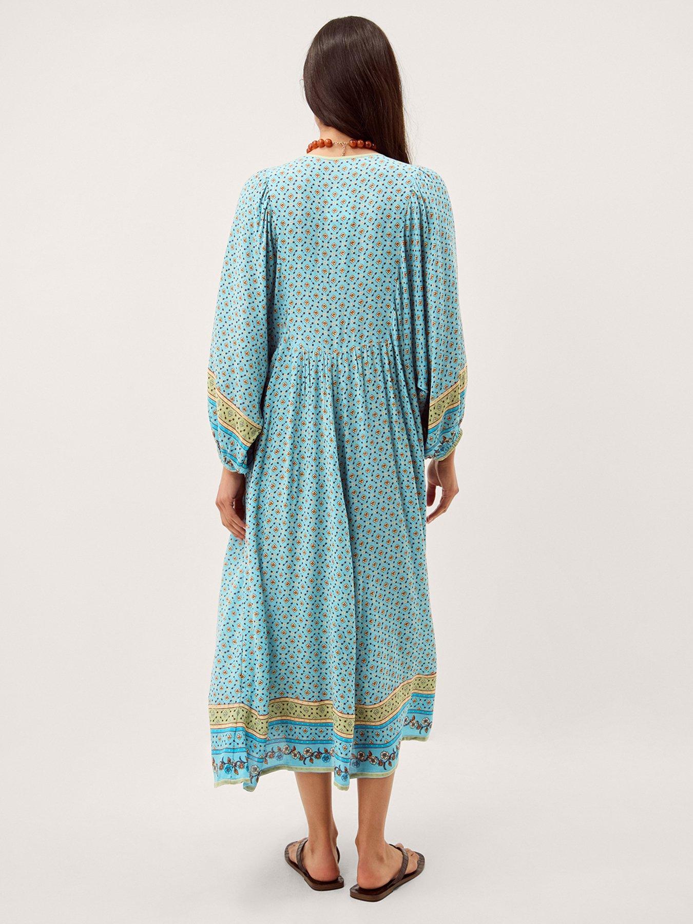 blue dress monsoon Millie Long Sleeve Print Midi - Mica 20to70offDec28 length hem Size:1X PLUS (18/20) Lace & Beads -
