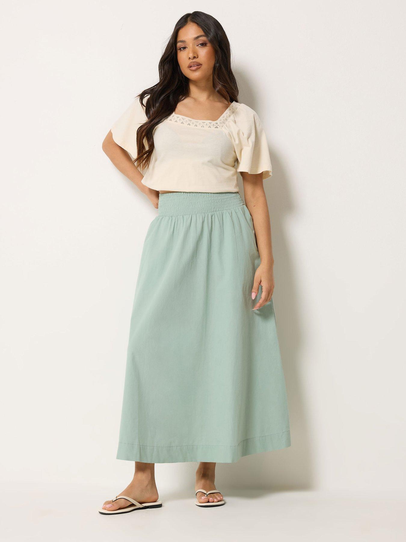 PixieGirl Petite Poplin Shirred Midi Skirt - Green