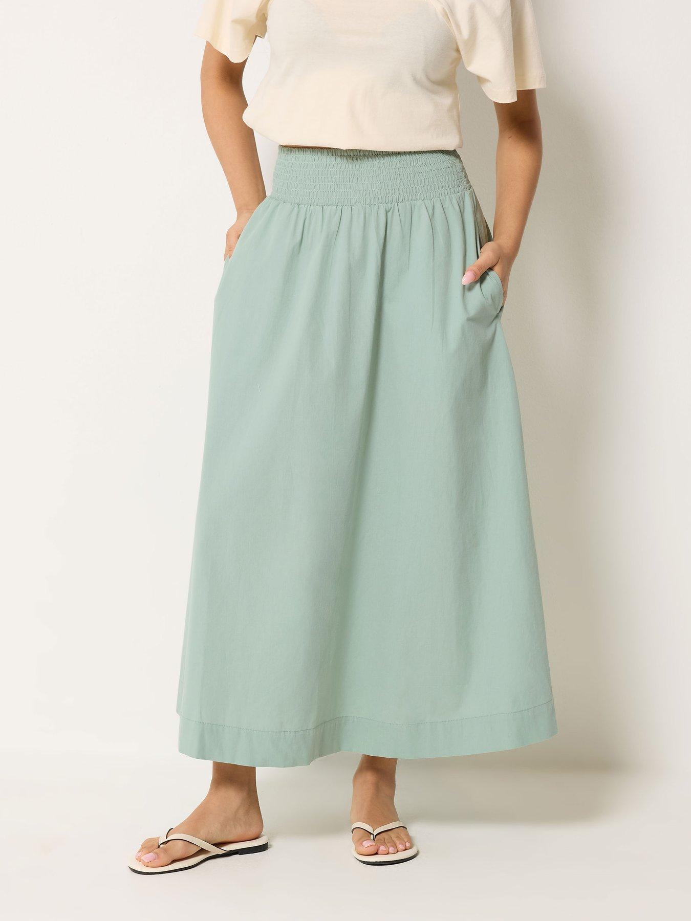 Image 3 of 4 of PixieGirl Petite Poplin Shirred Midi Skirt - Green