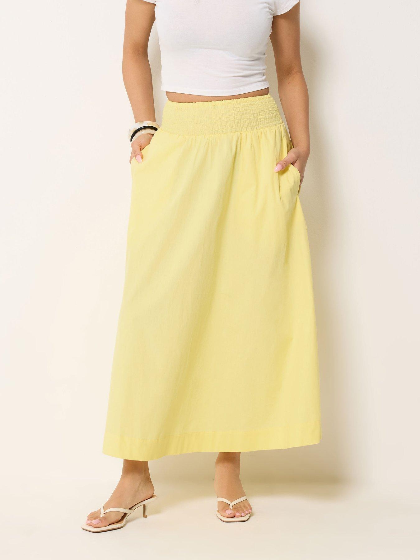 PixieGirl Petite Poplin Shirred Midi Skirt - Yellow