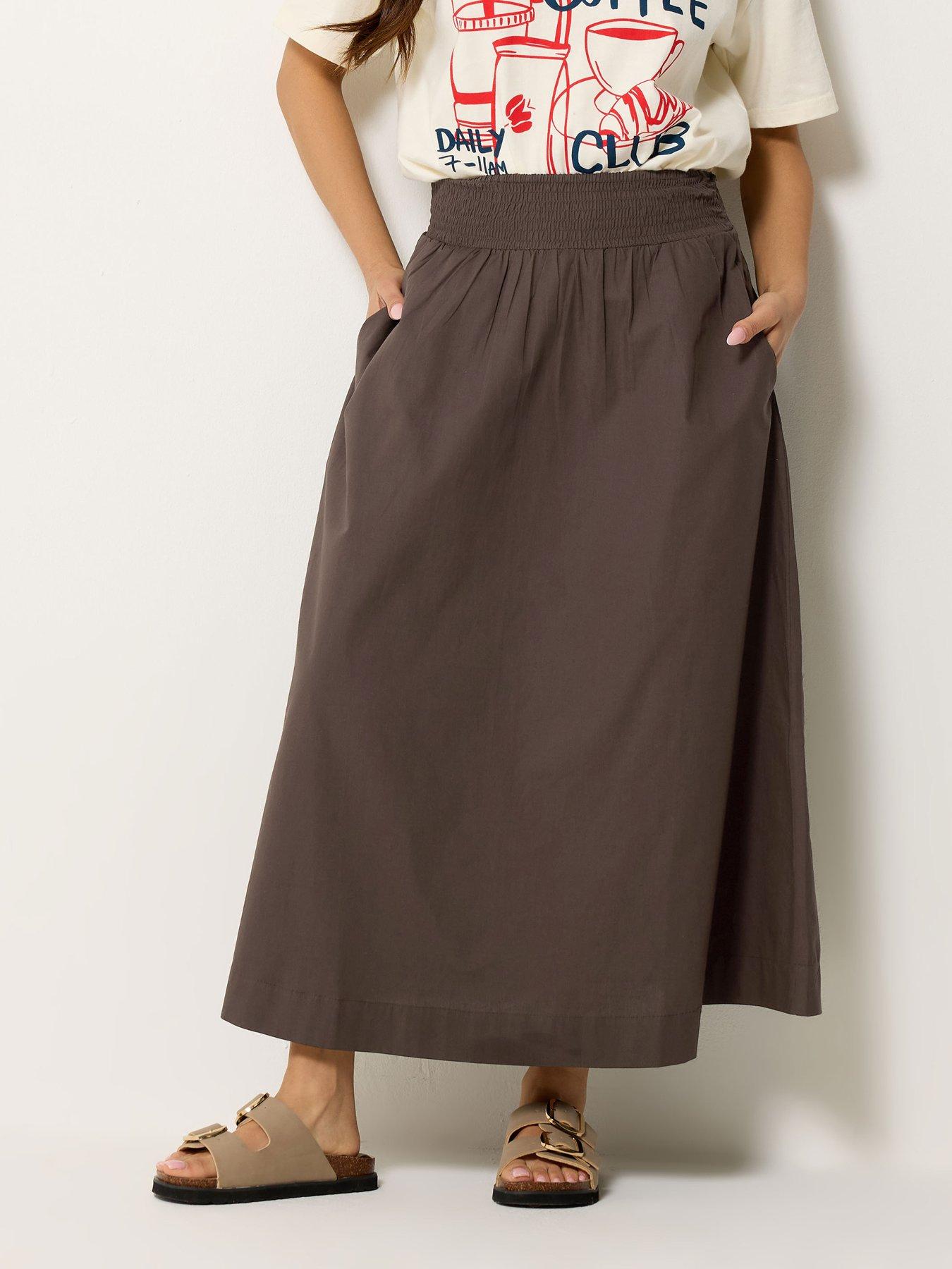 Image 1 of 4 of PixieGirl Petite Poplin Shirred Midi Skirt - Brown