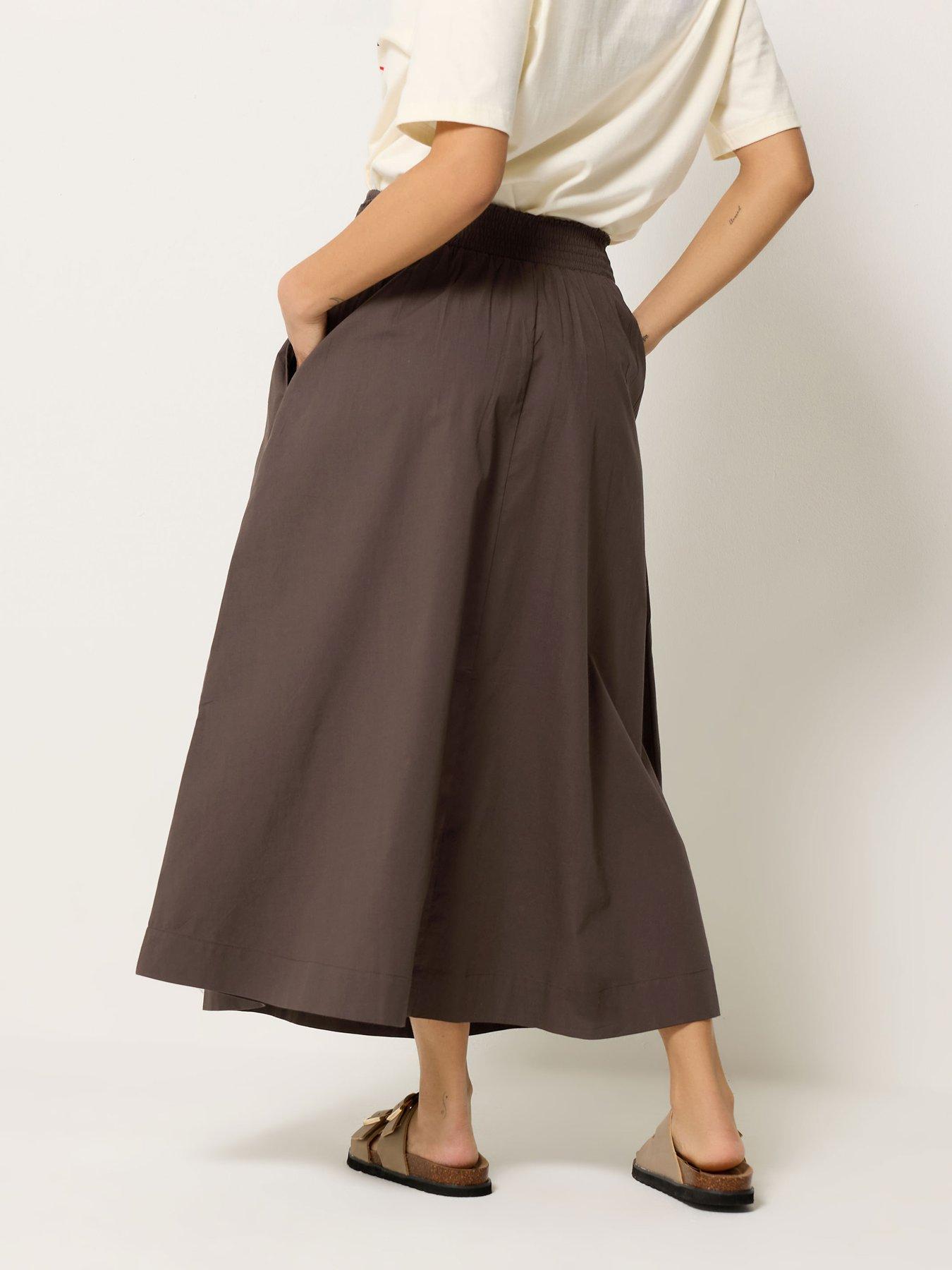 Image 2 of 4 of PixieGirl Petite Poplin Shirred Midi Skirt - Brown