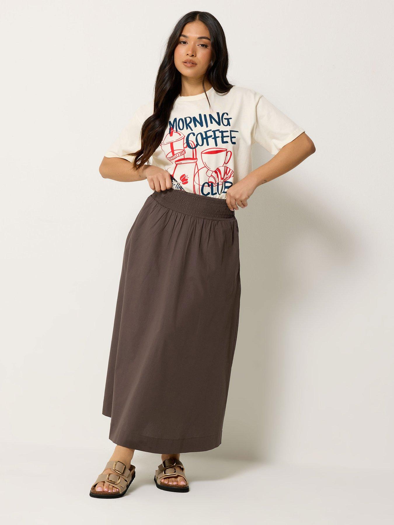 Image 3 of 4 of PixieGirl Petite Poplin Shirred Midi Skirt - Brown