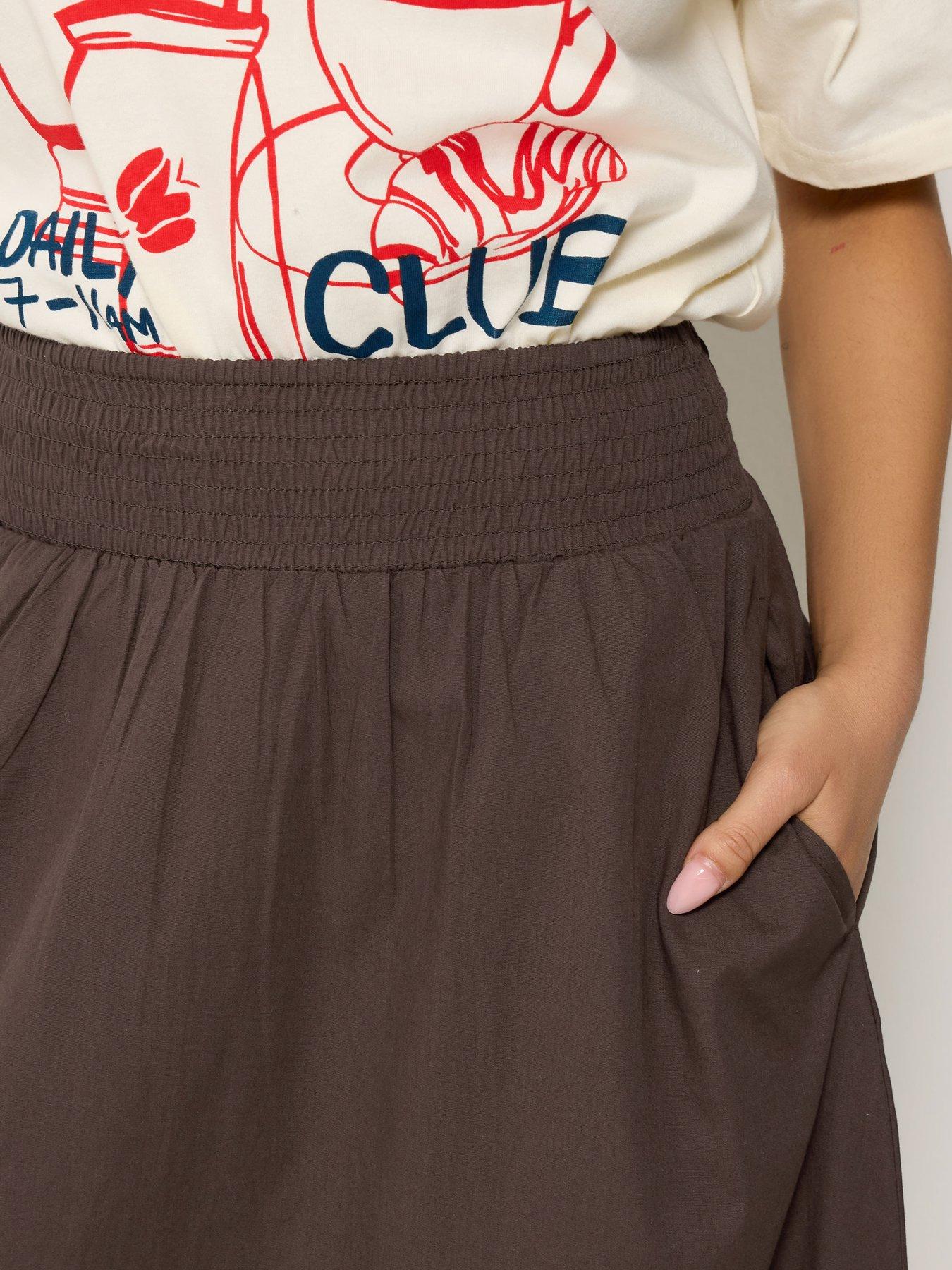 Image 4 of 4 of PixieGirl Petite Poplin Shirred Midi Skirt - Brown