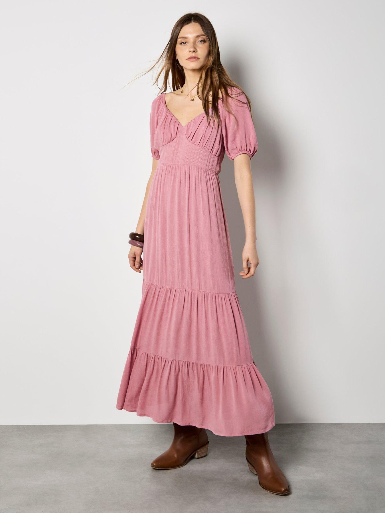 Apricot Crinkle Viscose Milkmaid Tiered Maxi Dress - Pink | Very