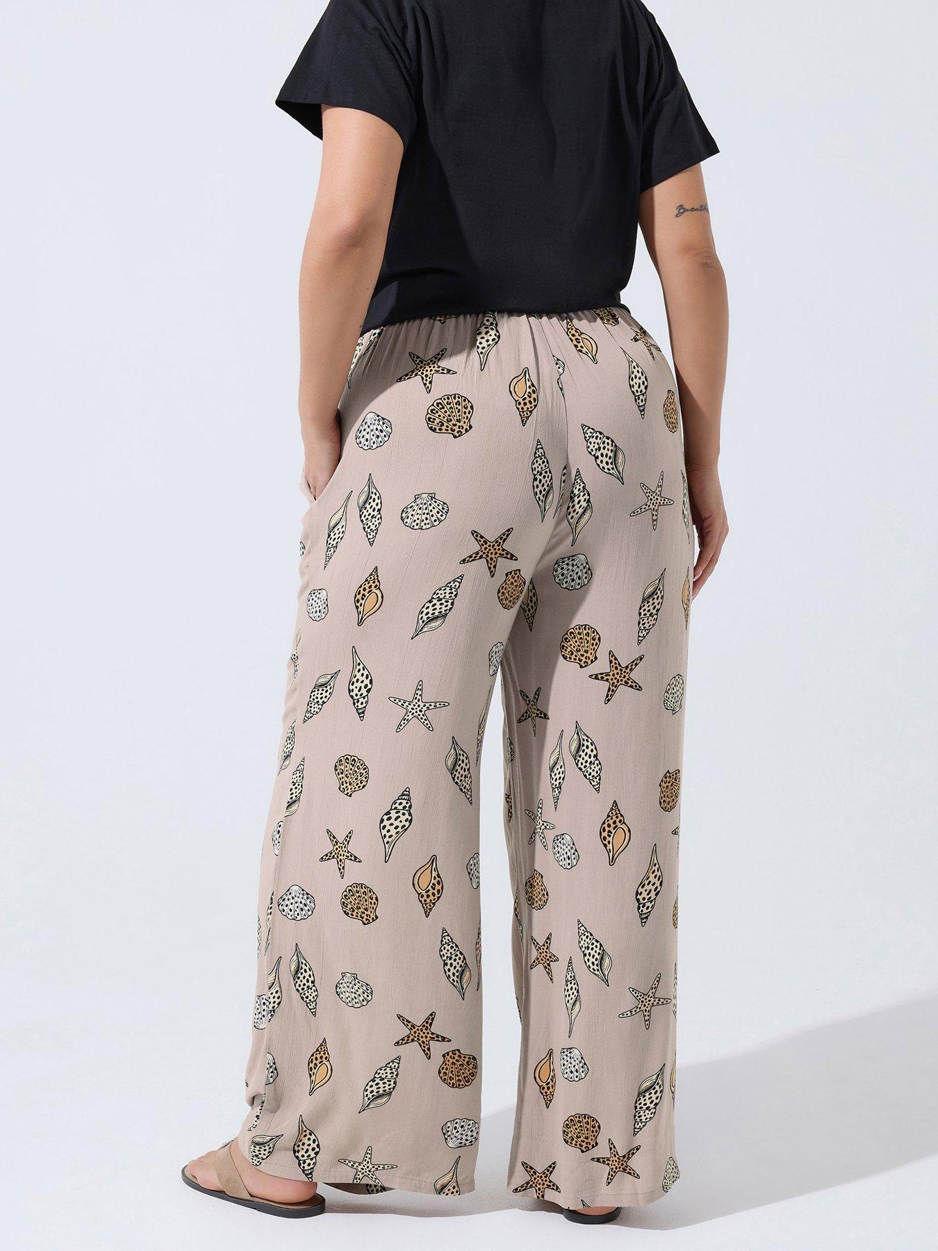 Image 2 of 4 of Yours Curve Crinkle Stripe Leopard Print Shell Detail Trousers - White