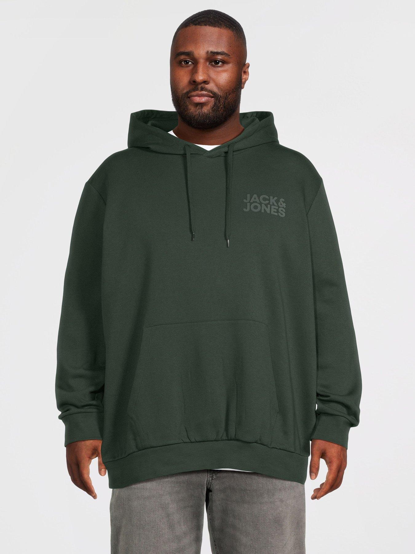 Jack & Jones Men's Plus Logo Hoodie with Kangaroo Pocket - Dark Green