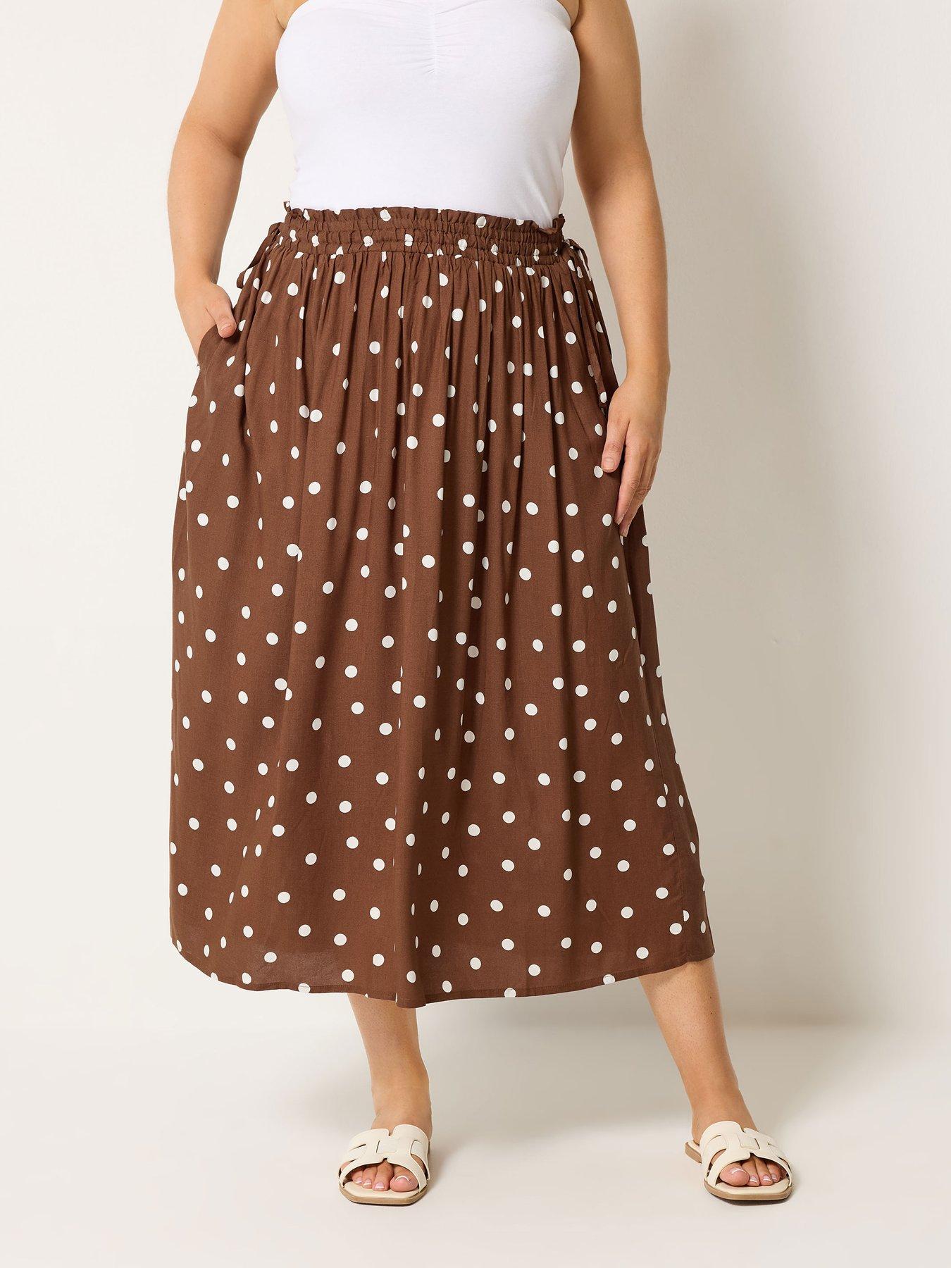 Image 1 of 4 of Yours Curve Polka Dot Skirt - Brown