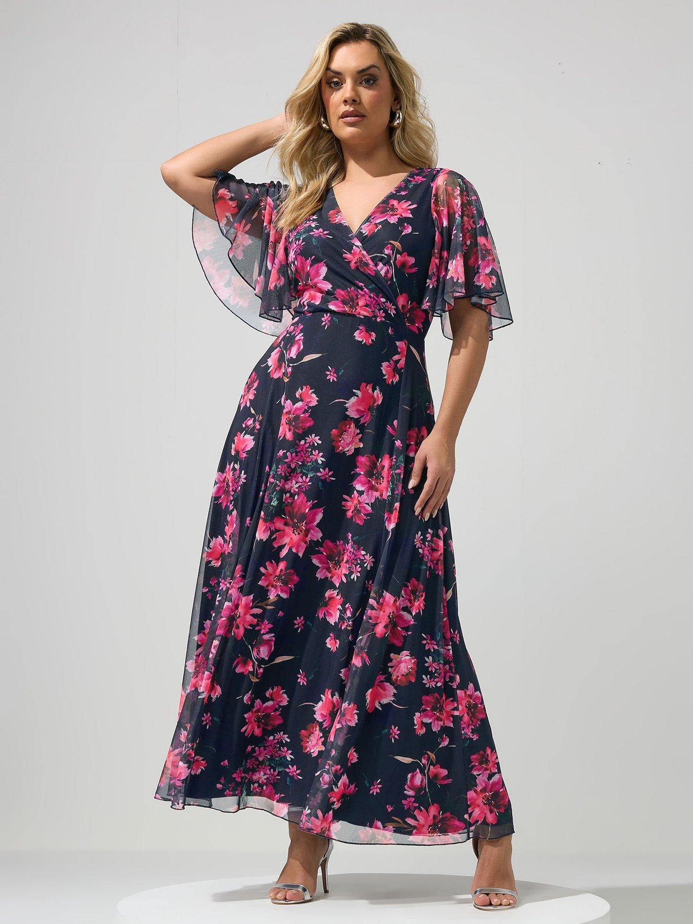 Yours Curve Floral Angel Sleeve Mesh Maxi Dress - Blue