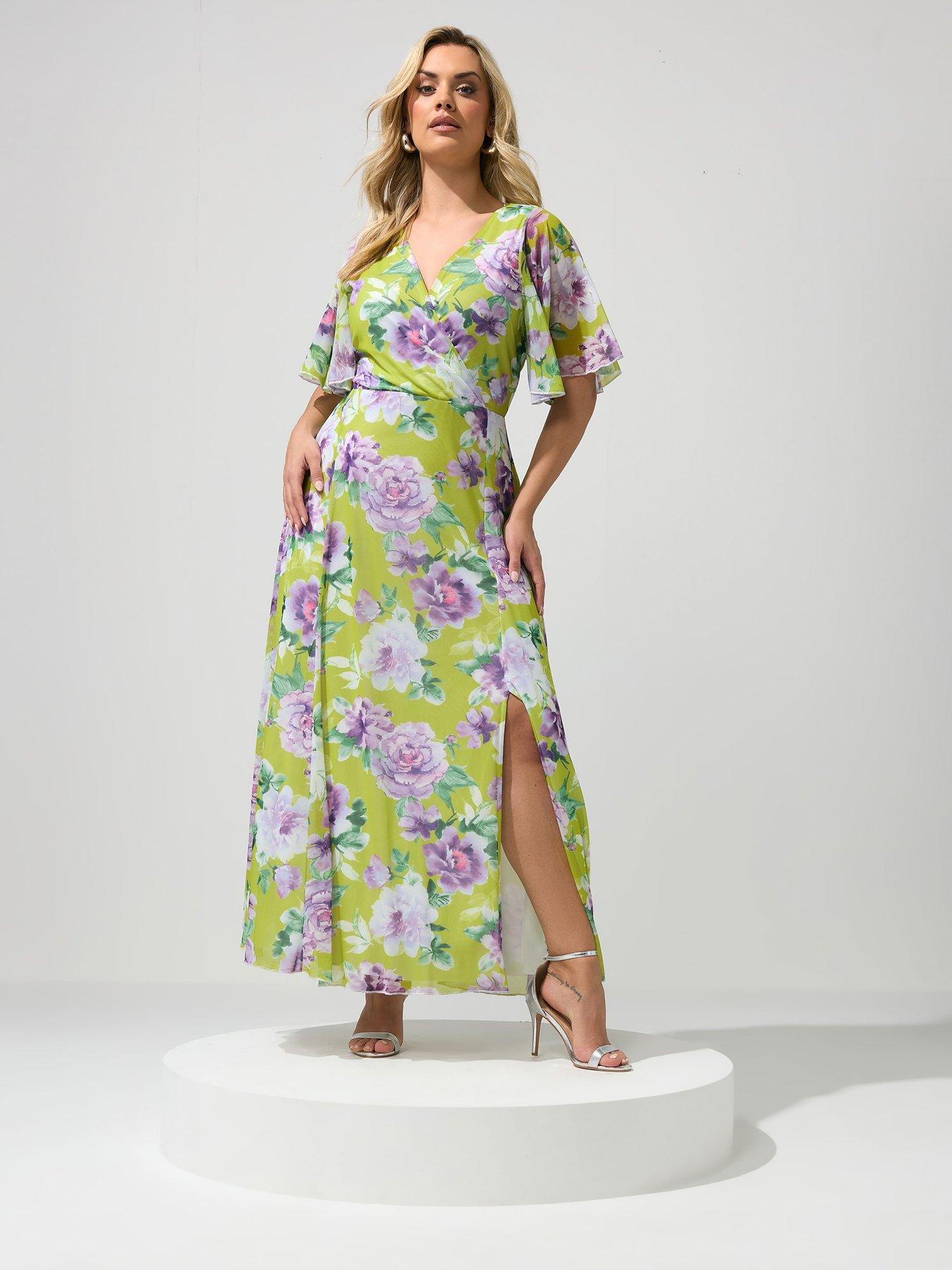 Yours Curve Floral Ruffle Sleeve Mesh Dress - Green