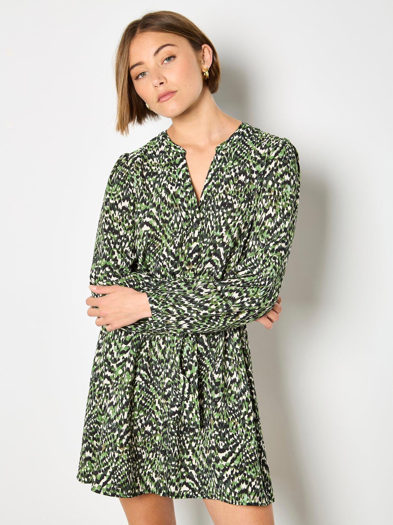 Apricot Grandad Collar Mini Pull Through Waist Dress - Green