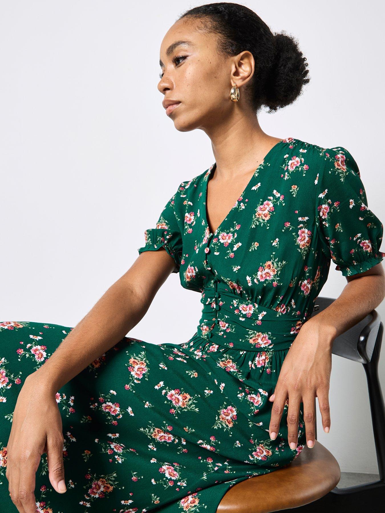 Apricot Midi Milkmaid Tea Dress With Pleated Waist - Green | Very