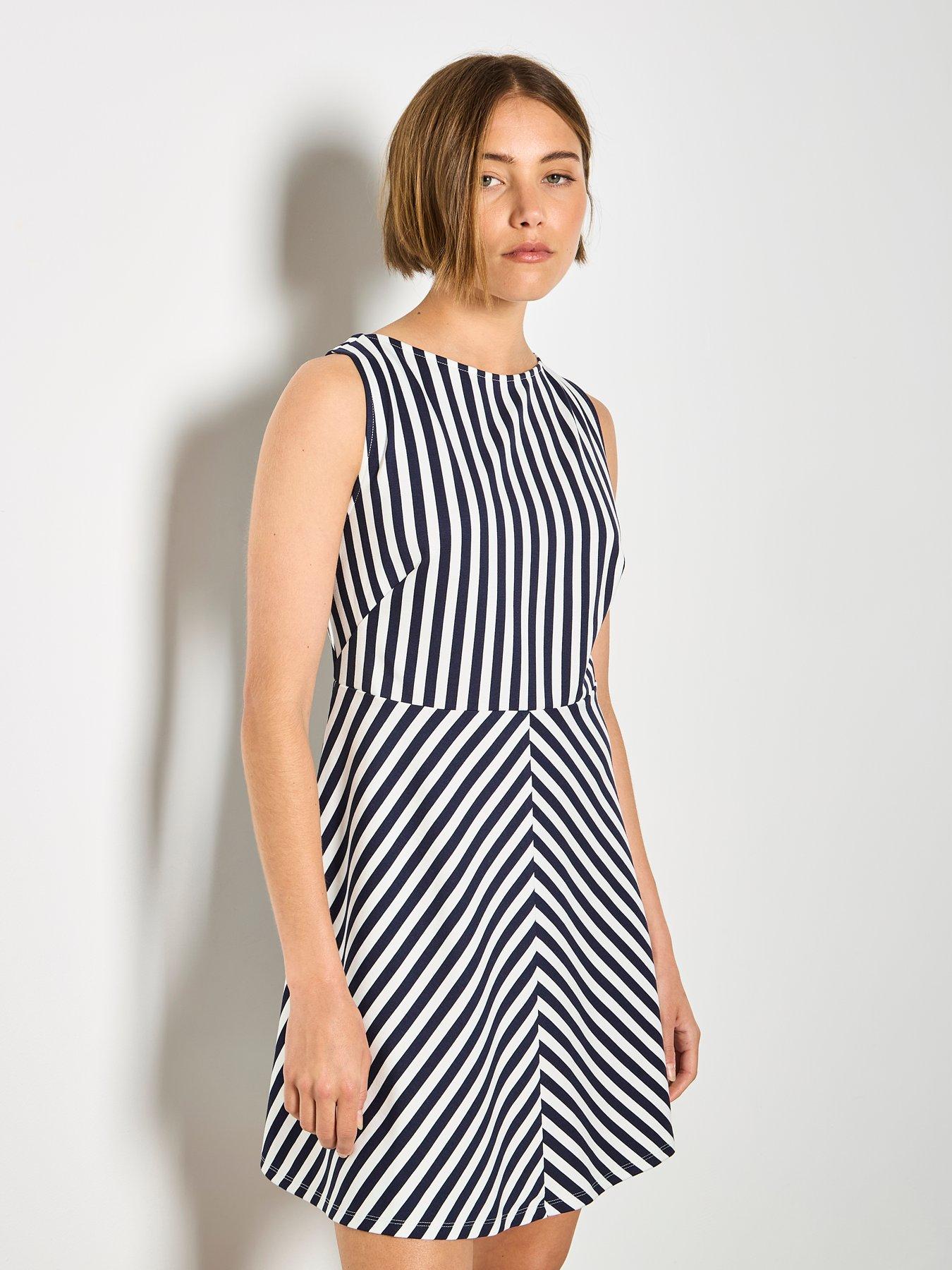 Image 1 of 4 of Apricot Striped Fit &amp; Flare Dress - Blue