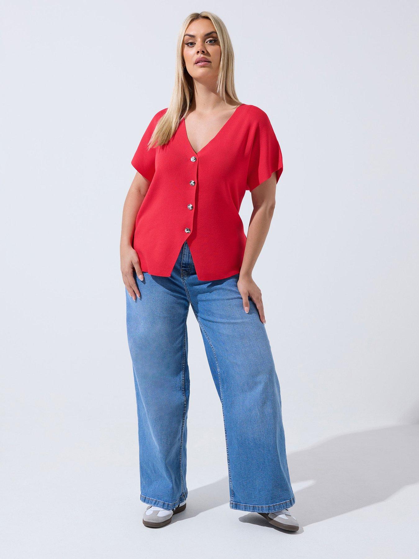 Yours Curve Double Button Knit Top - Red | Very
