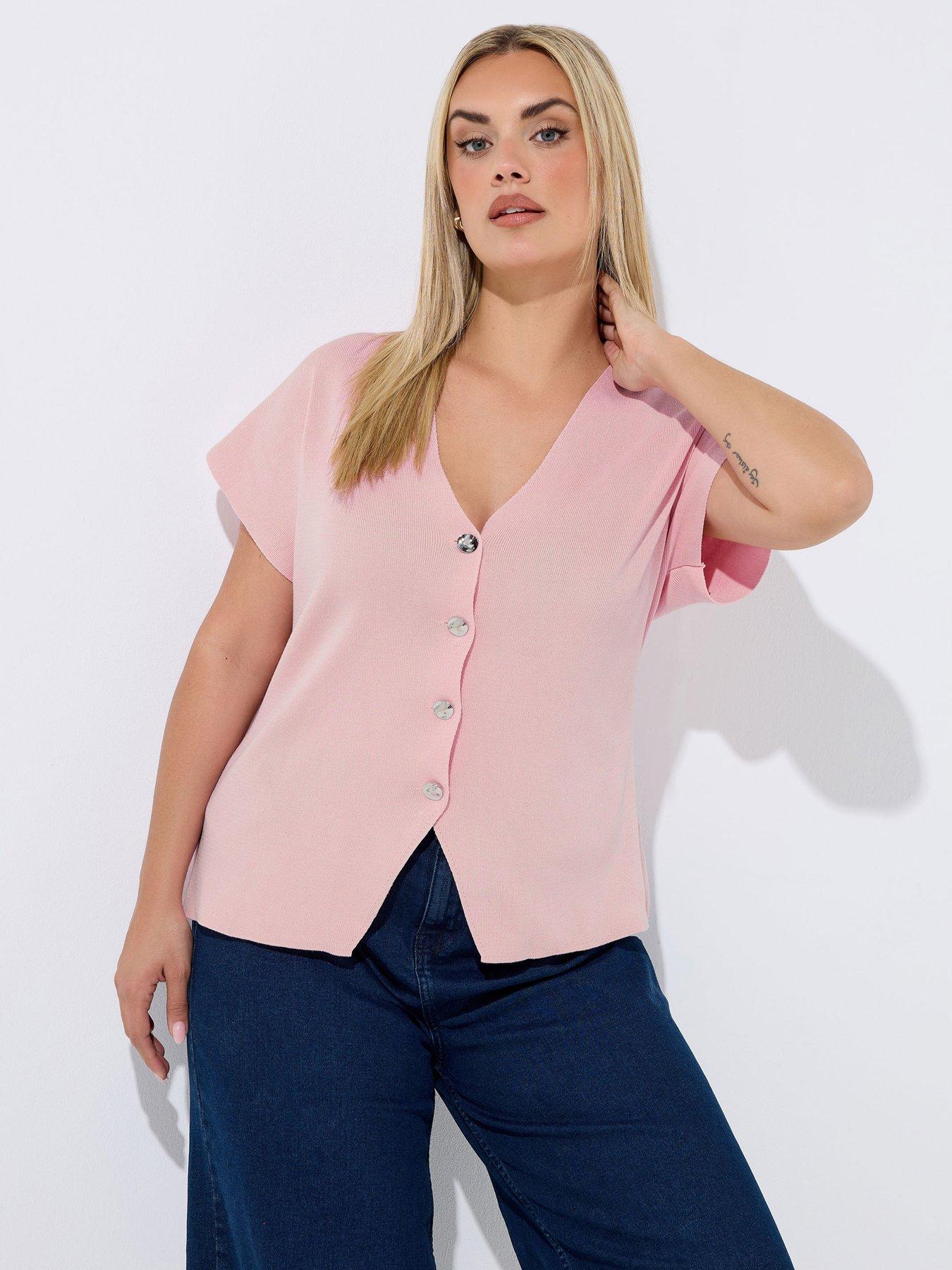Yours Curve Short Sleeve Button Knit Top - Light Pink
