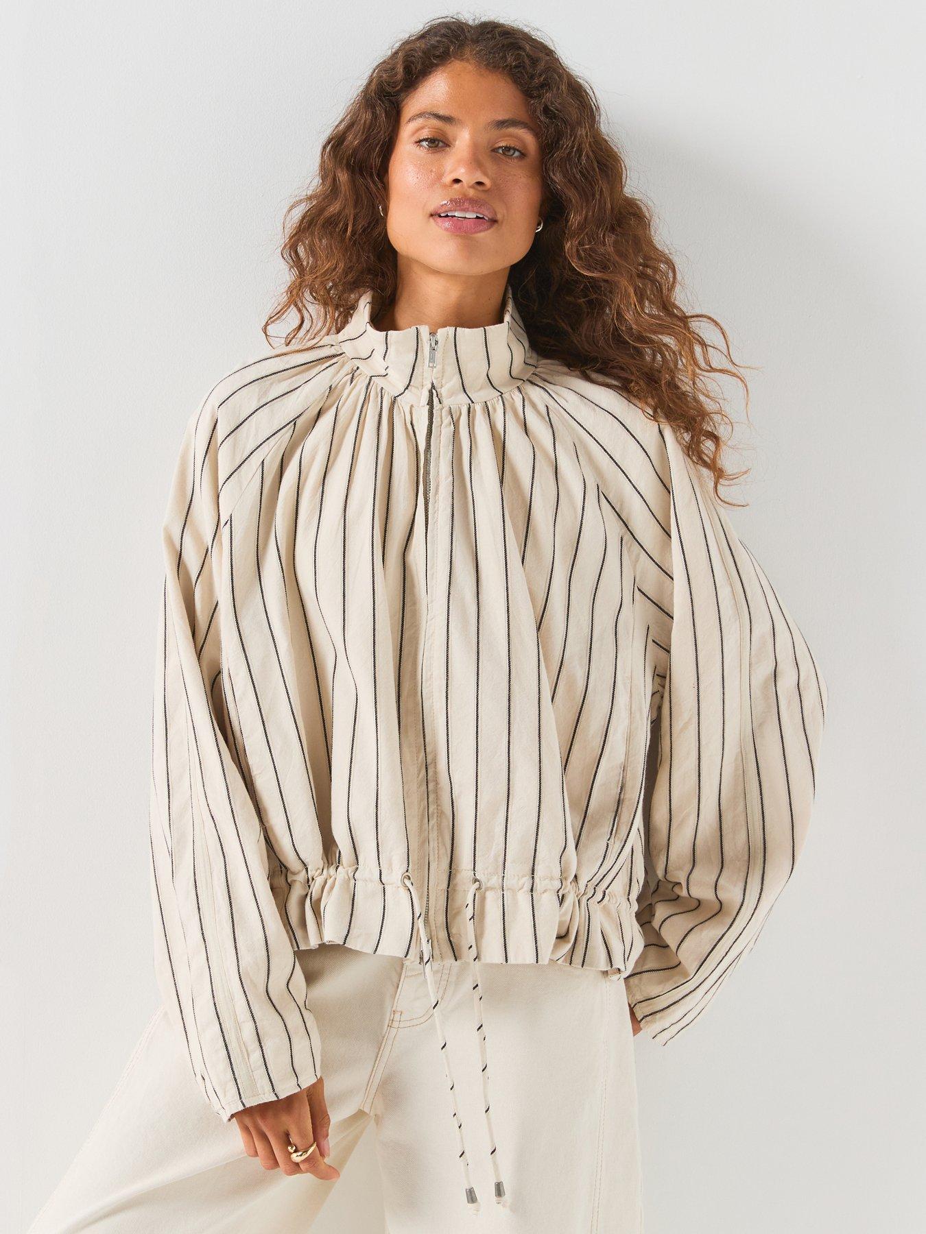 FREE PEOPLE Devon Striped Balloon Funnel-Neck Jacket - Cream