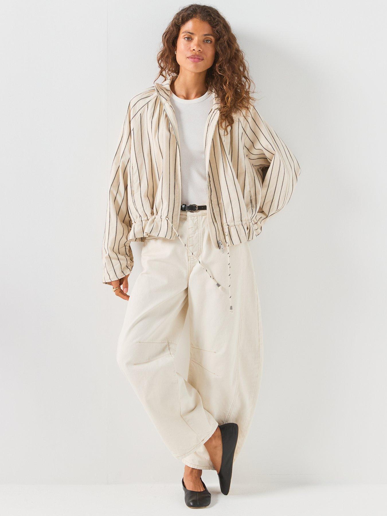 Image 3 of 6 of FREE PEOPLE Devon Striped Balloon Funnel-Neck Jacket - Cream