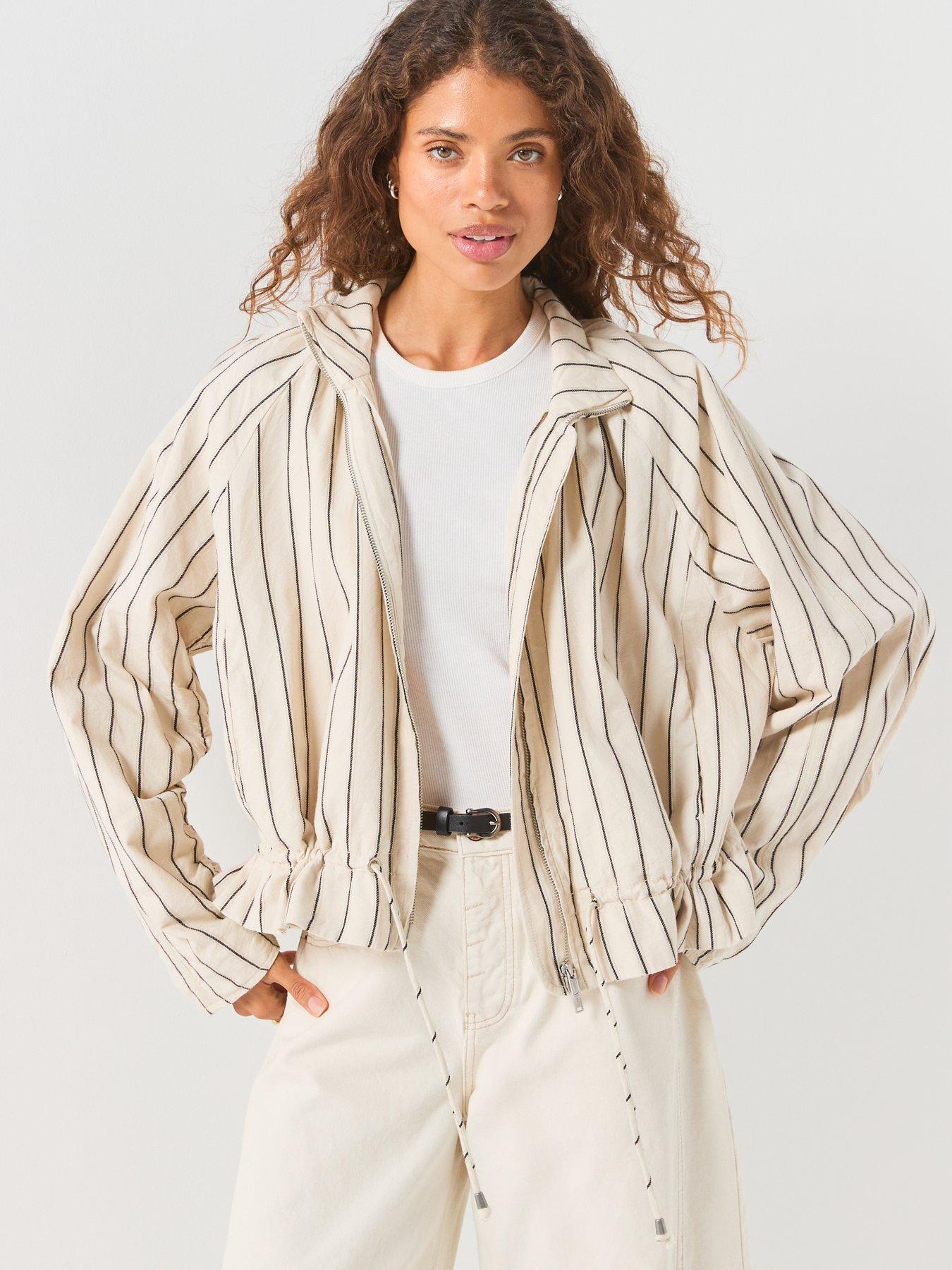 Image 5 of 6 of FREE PEOPLE Devon Striped Balloon Funnel-Neck Jacket - Cream