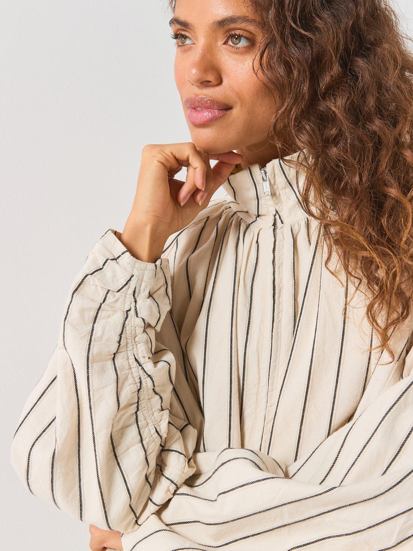 Image 6 of 6 of FREE PEOPLE Devon Striped Balloon Funnel-Neck Jacket - Cream