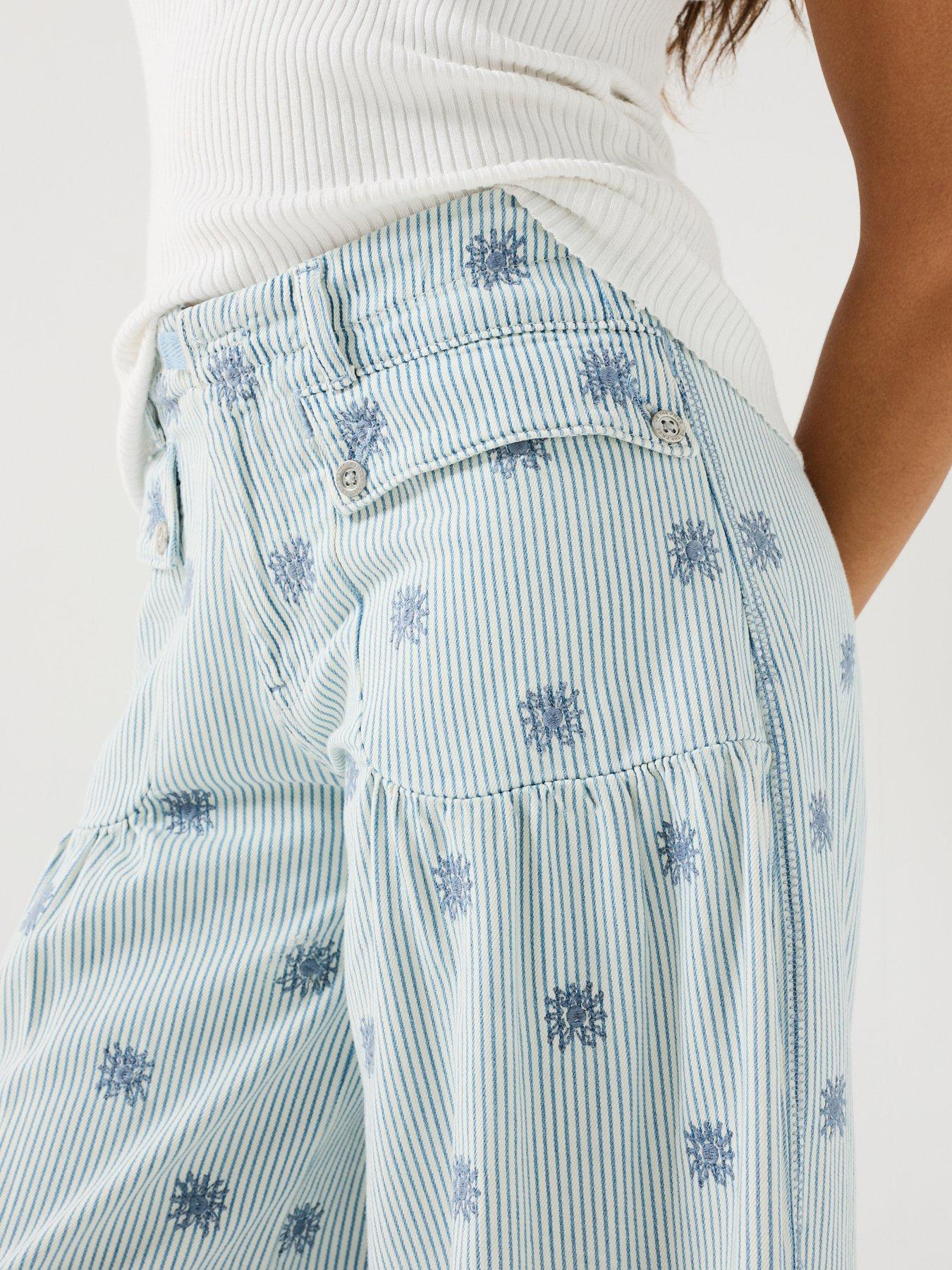Image 6 of 6 of FREE PEOPLE Embroidered Railroad Stripe Balloon Jeans - Blue