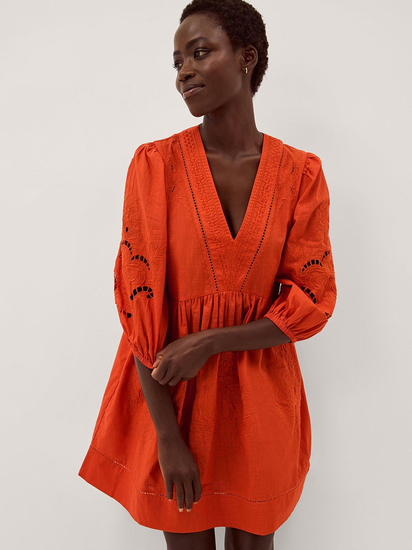 Image 1 of 5 of Monsoon Noelle Embroidered Mini Dress - Orange