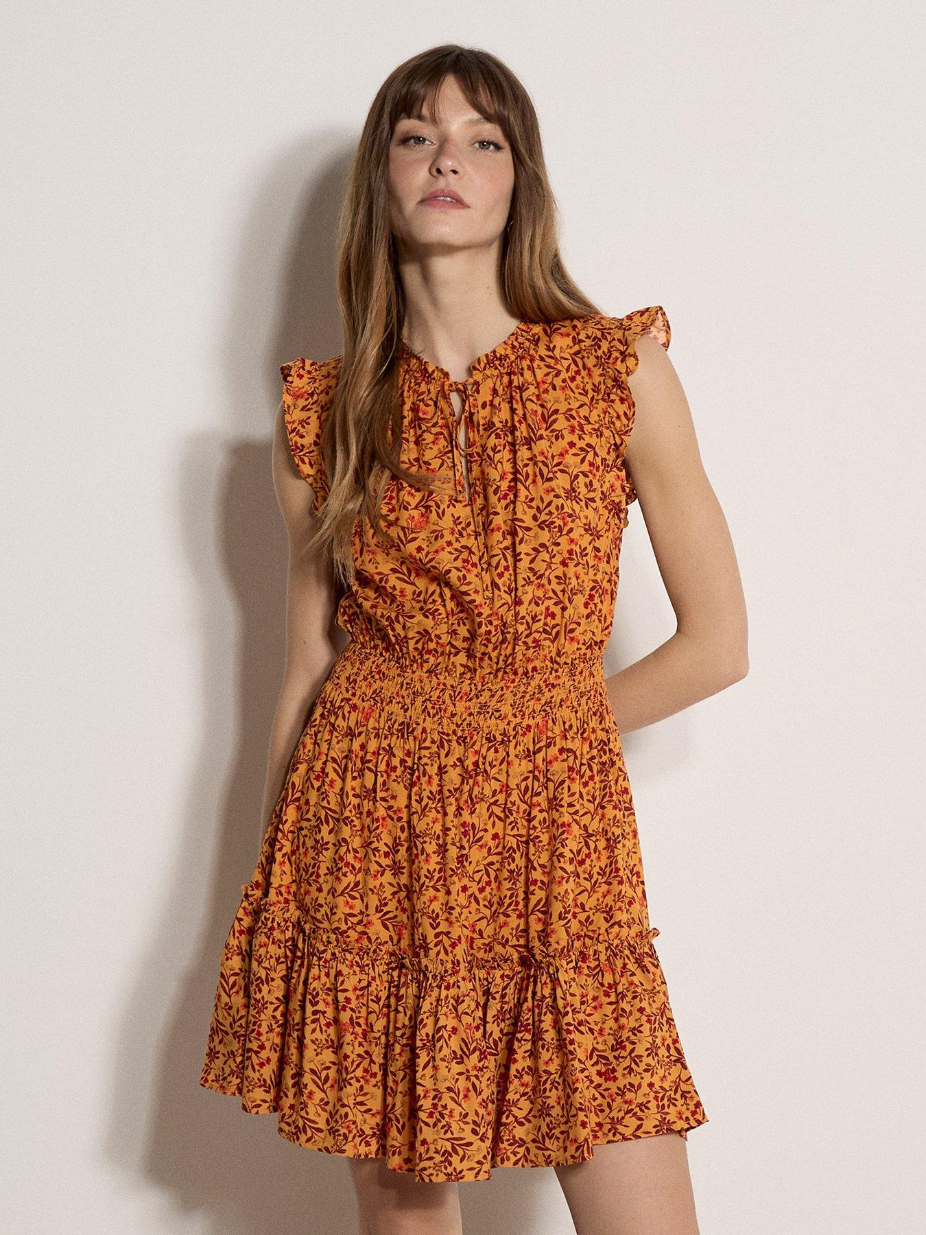 Apricot Ruffle Tiered Ditsy Mini Dress - Yellow