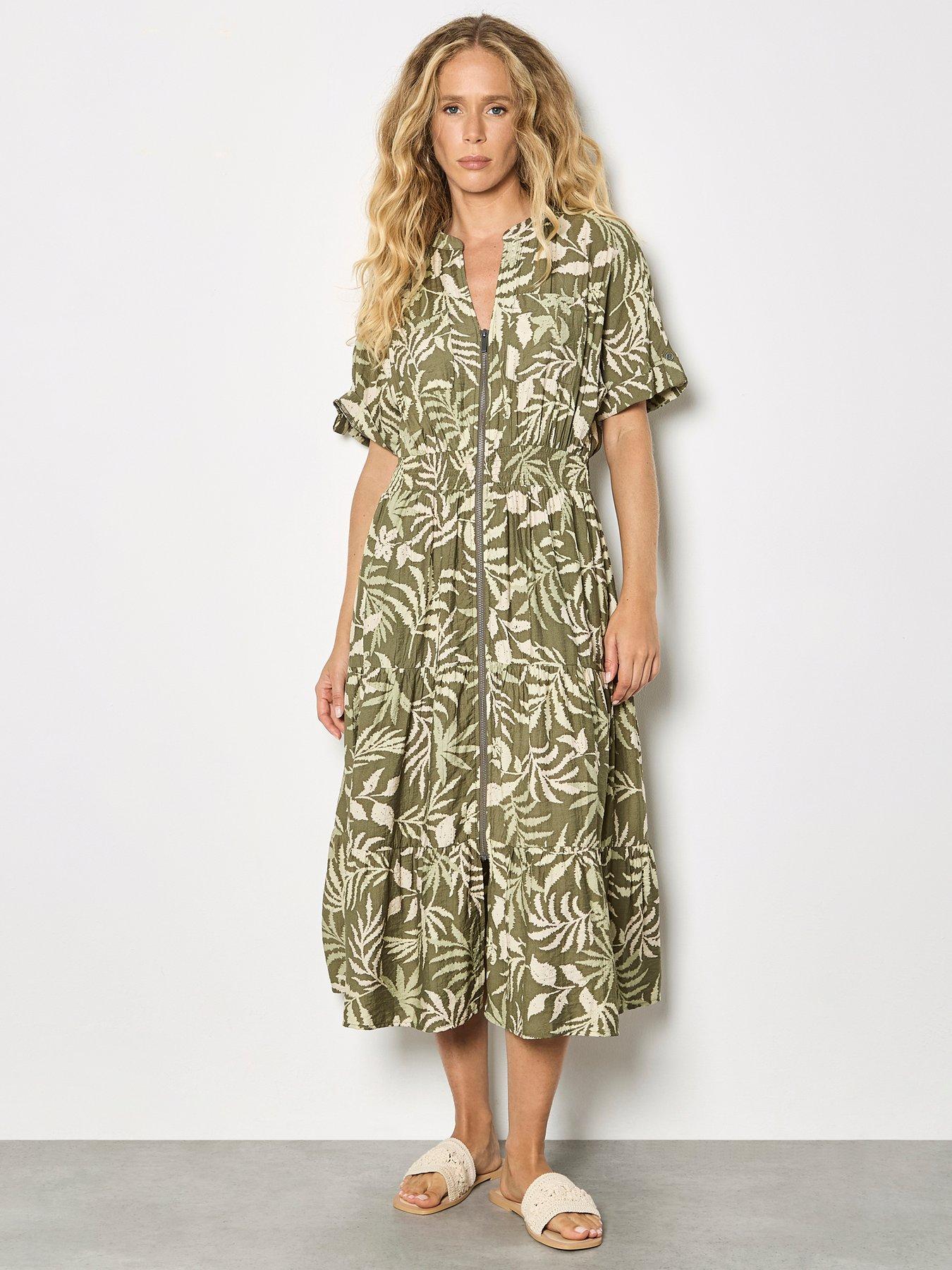 Apricot Palm Print Zip Front Midaxi Dress - Green