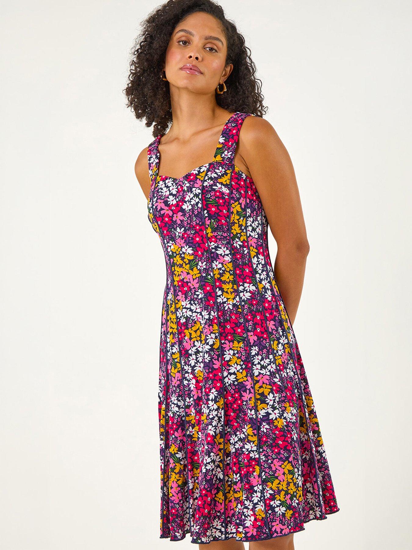 Roman Floral Print Stretch Panel Dress
