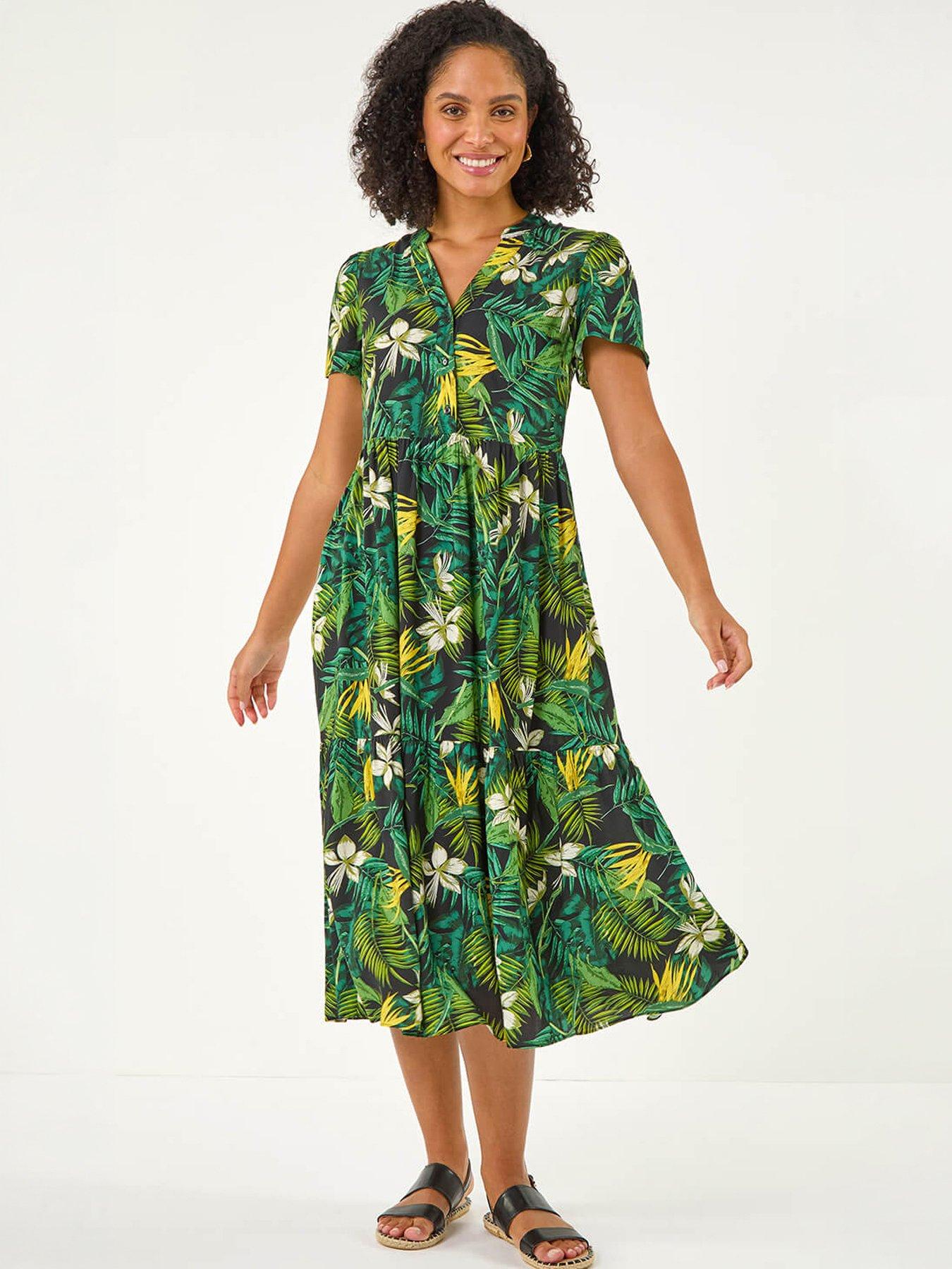 Image 1 of 5 of Roman Tropical Leaf Print V-neck Midi Dress