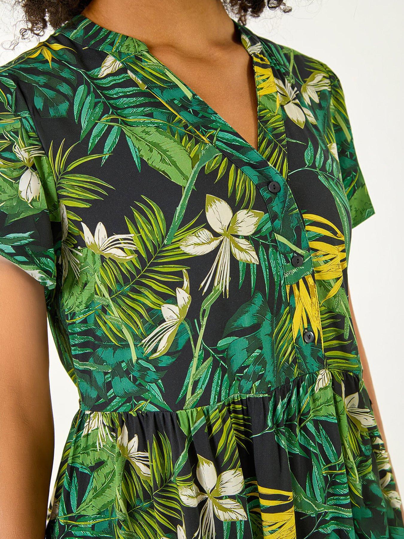 Image 2 of 5 of Roman Tropical Leaf Print V-neck Midi Dress