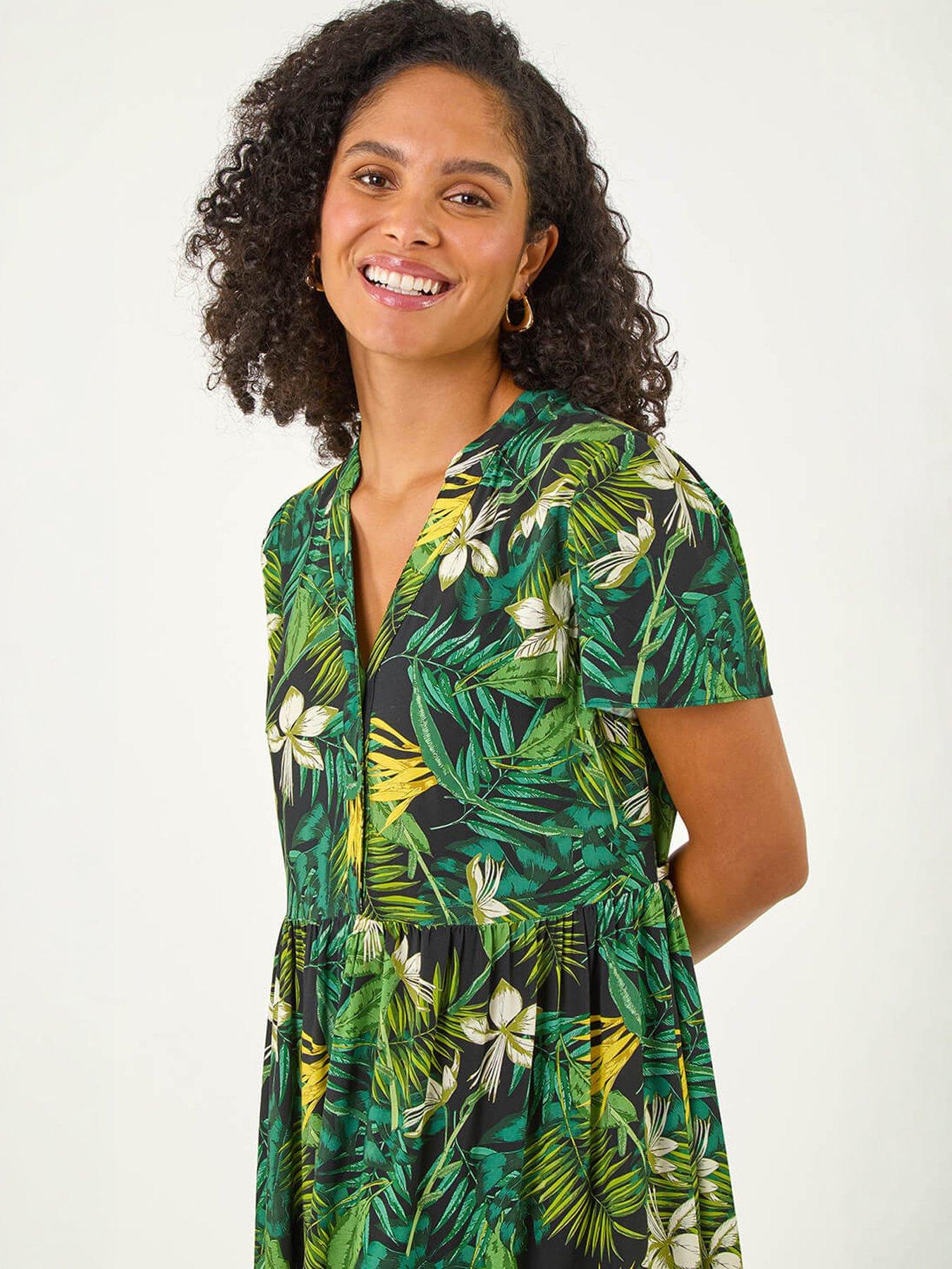 Image 3 of 5 of Roman Tropical Leaf Print V-neck Midi Dress