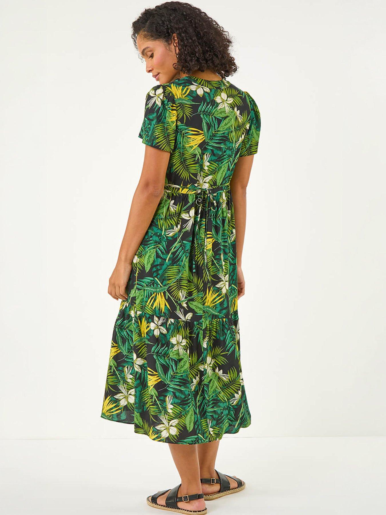 Image 4 of 5 of Roman Tropical Leaf Print V-neck Midi Dress