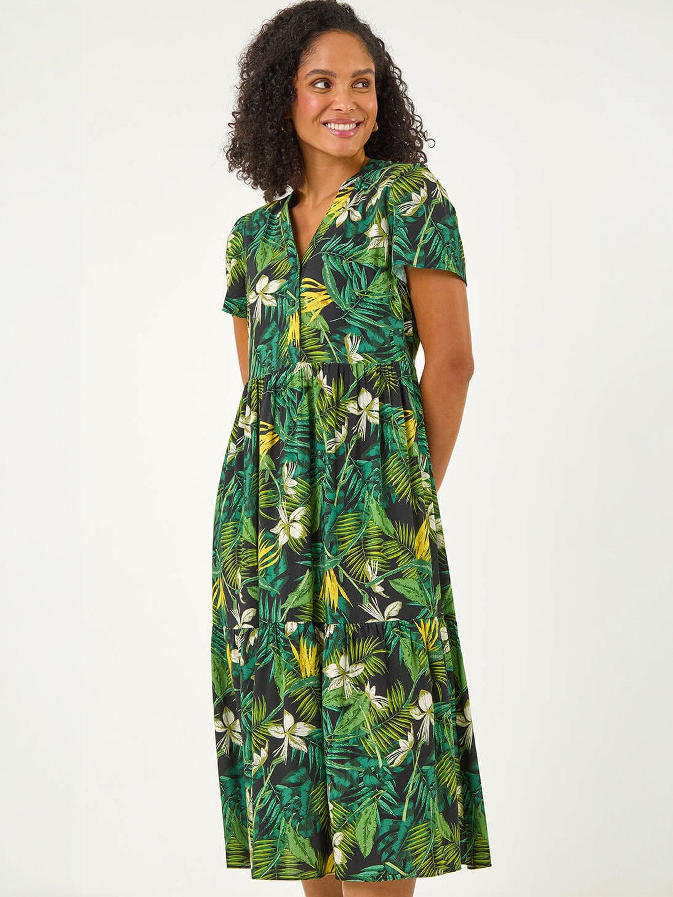 Image 5 of 5 of Roman Tropical Leaf Print V-neck Midi Dress