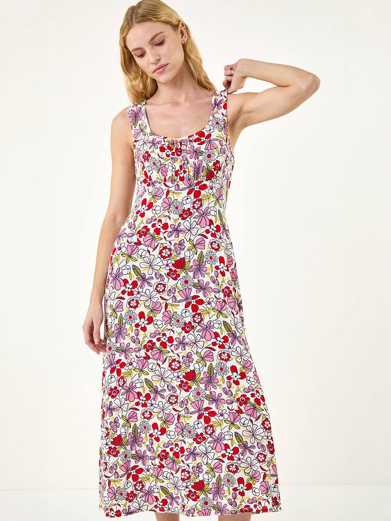 Roman Floral Empire Waist Stretch Midi Dress