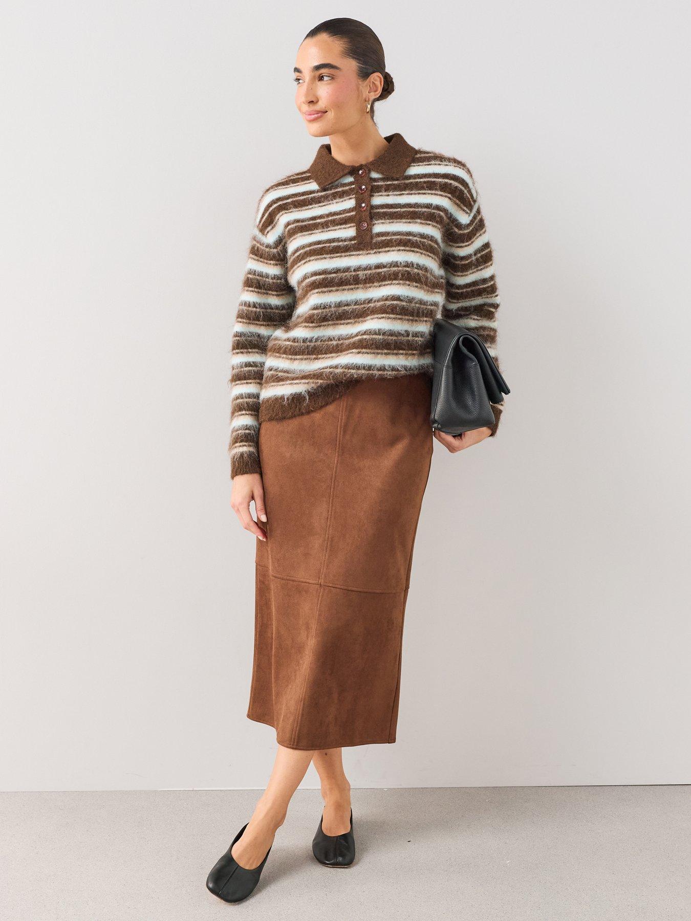 Image 1 of 7 of The Very Collection Suede Pencil Midi Skirt - Brown