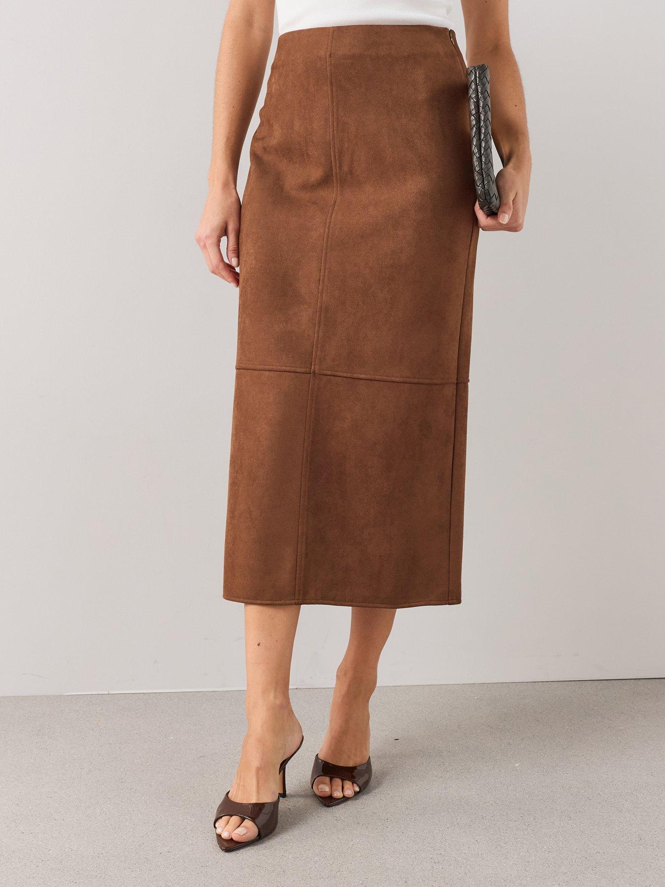 Image 4 of 7 of The Very Collection Suede Pencil Midi Skirt - Brown