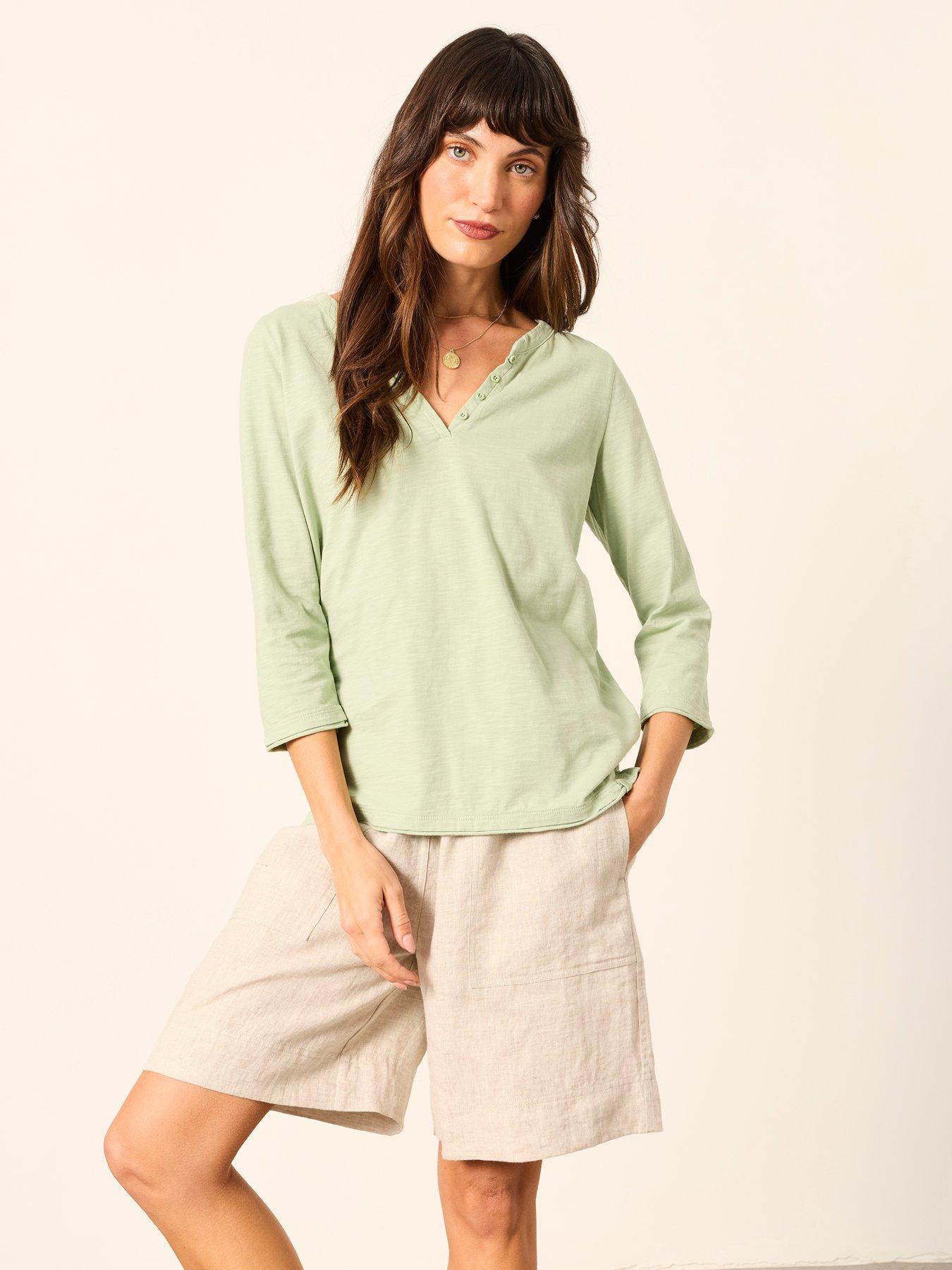 Image 3 of 5 of FatFace Aster 3/4 Sleeve V Neck T-Shirt - Green