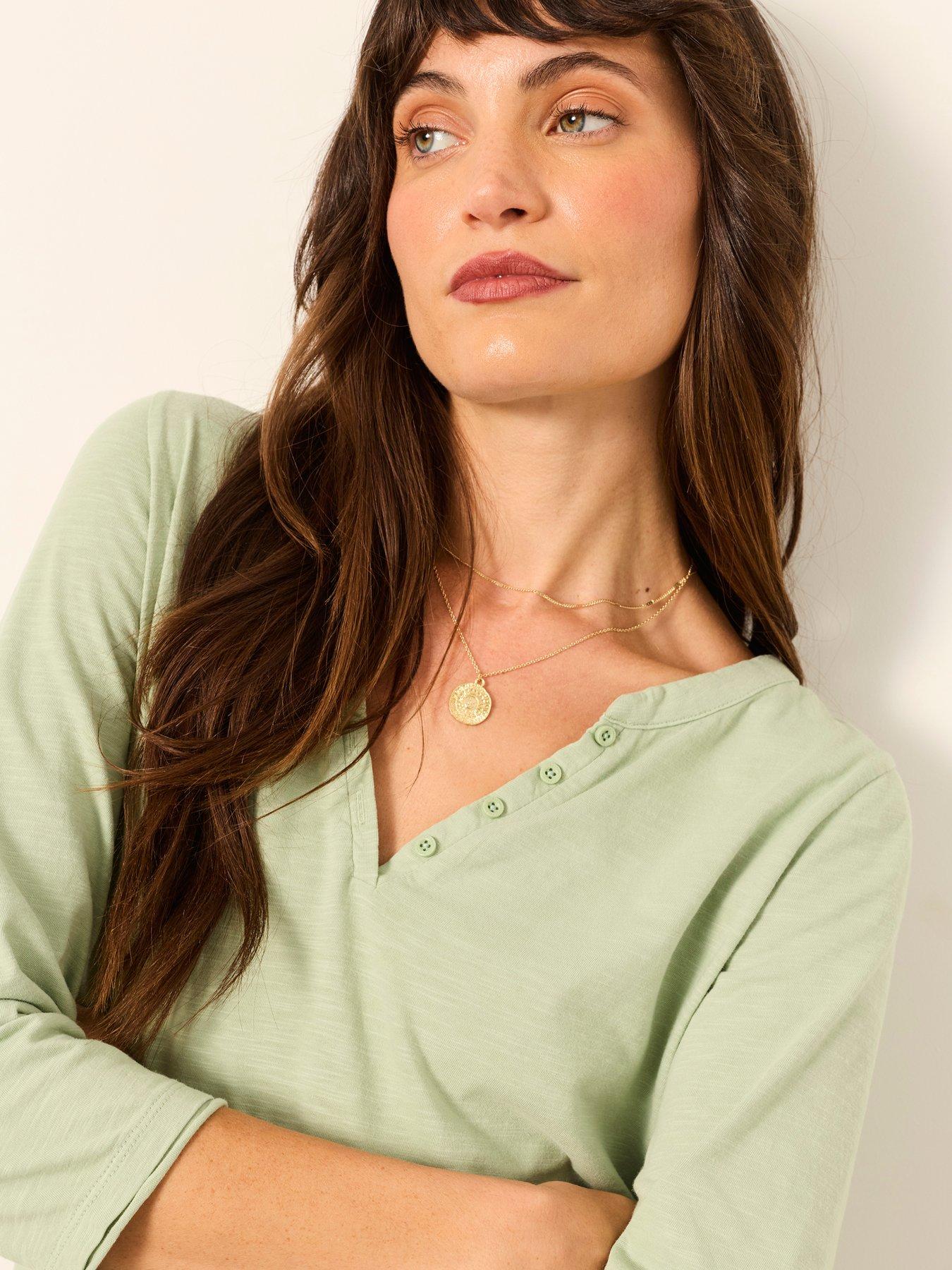 Image 4 of 5 of FatFace Aster 3/4 Sleeve V Neck T-Shirt - Green