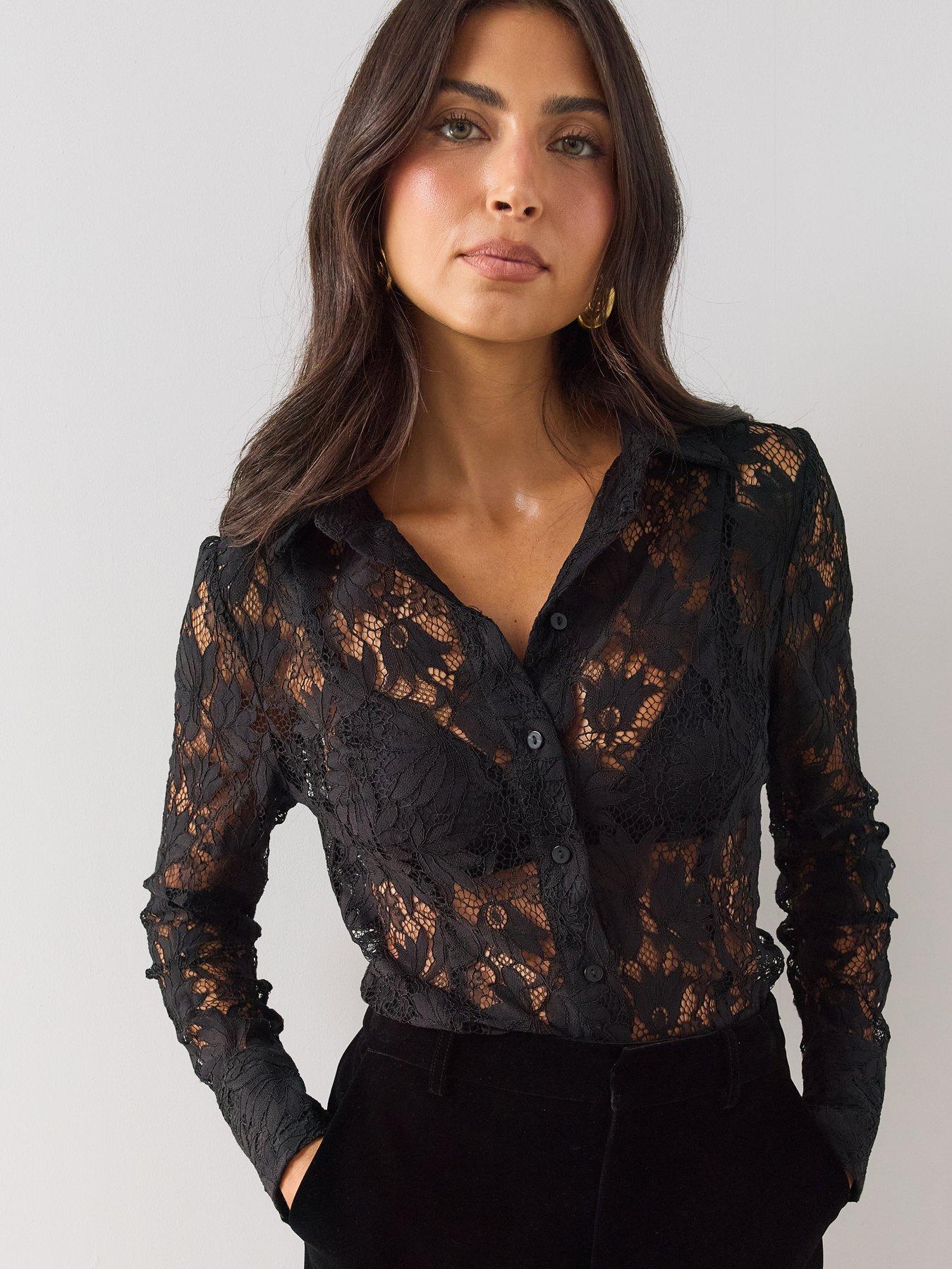 Image 1 of 6 of The Very Collection Lace Fitted Shirt - Black