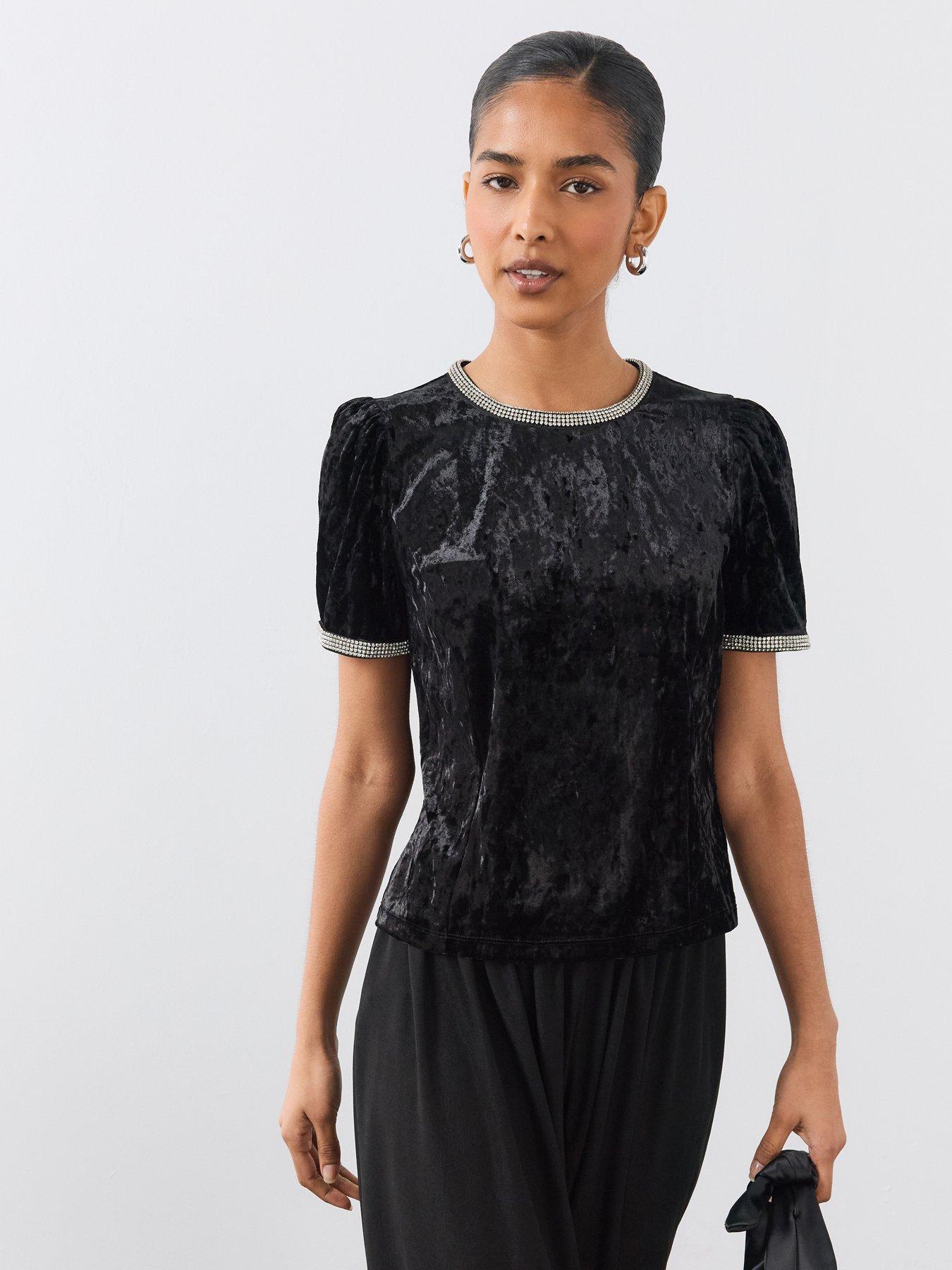 Image 1 of 6 of The Very Collection Womens Embellished Trim Stretch Velvet Top - Black