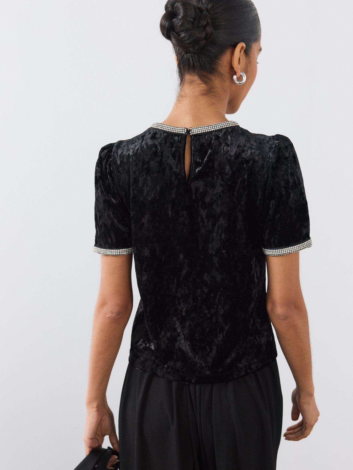 Image 2 of 6 of The Very Collection Womens Embellished Trim Stretch Velvet Top - Black