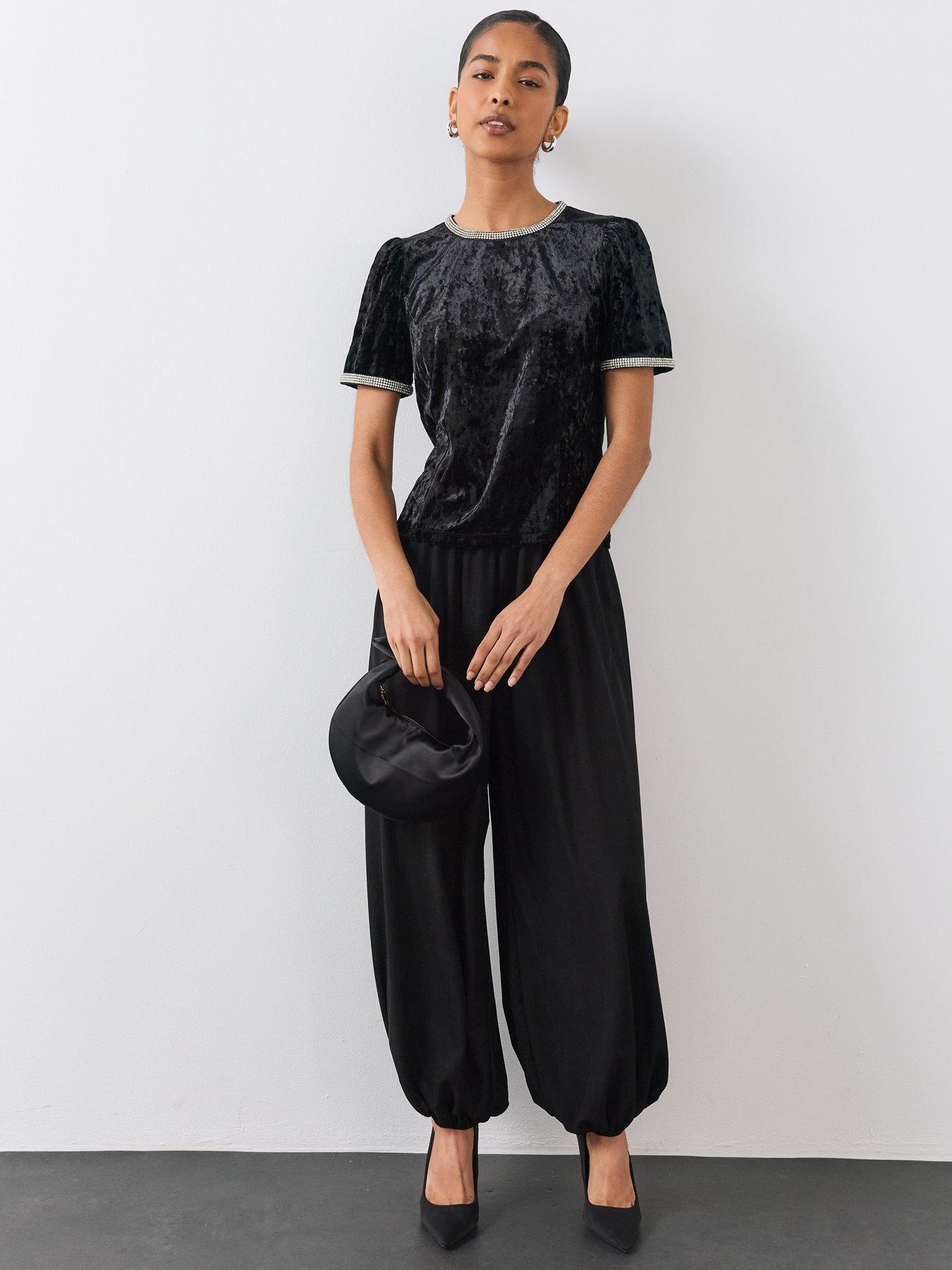 Image 3 of 6 of The Very Collection Womens Embellished Trim Stretch Velvet Top - Black