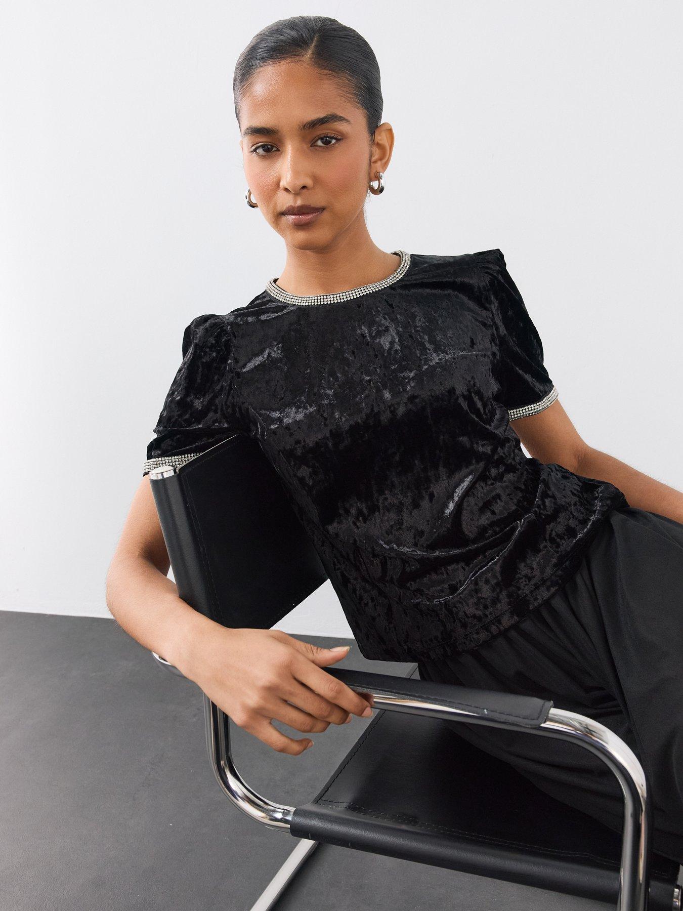 Image 4 of 6 of The Very Collection Womens Embellished Trim Stretch Velvet Top - Black