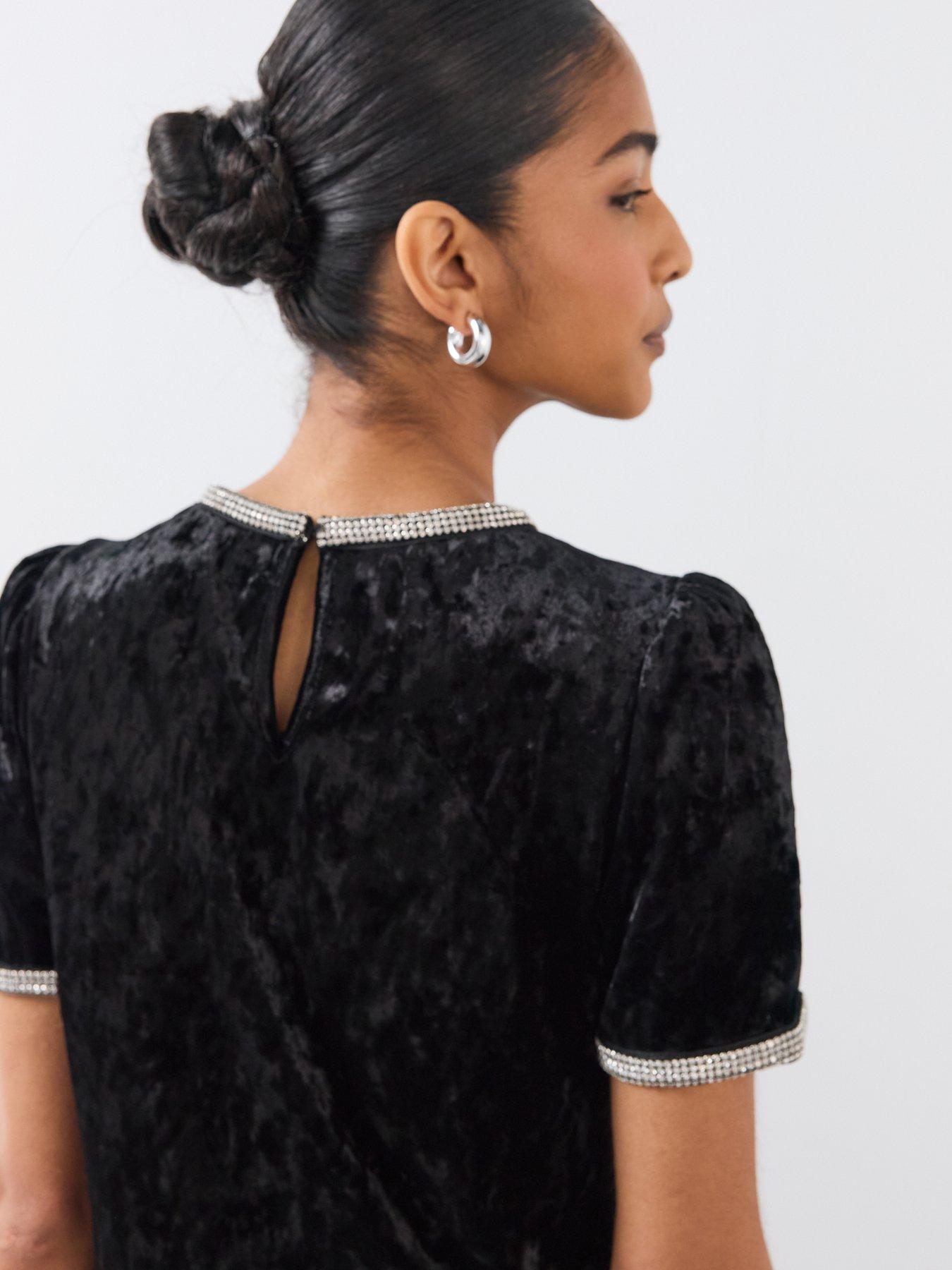 Image 5 of 6 of The Very Collection Womens Embellished Trim Stretch Velvet Top - Black