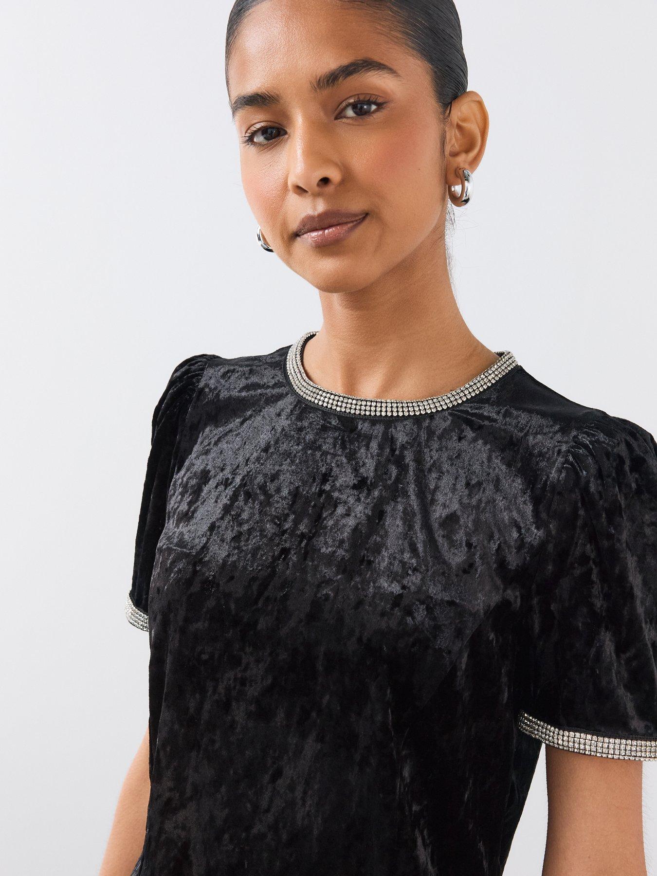 Image 6 of 6 of The Very Collection Womens Embellished Trim Stretch Velvet Top - Black