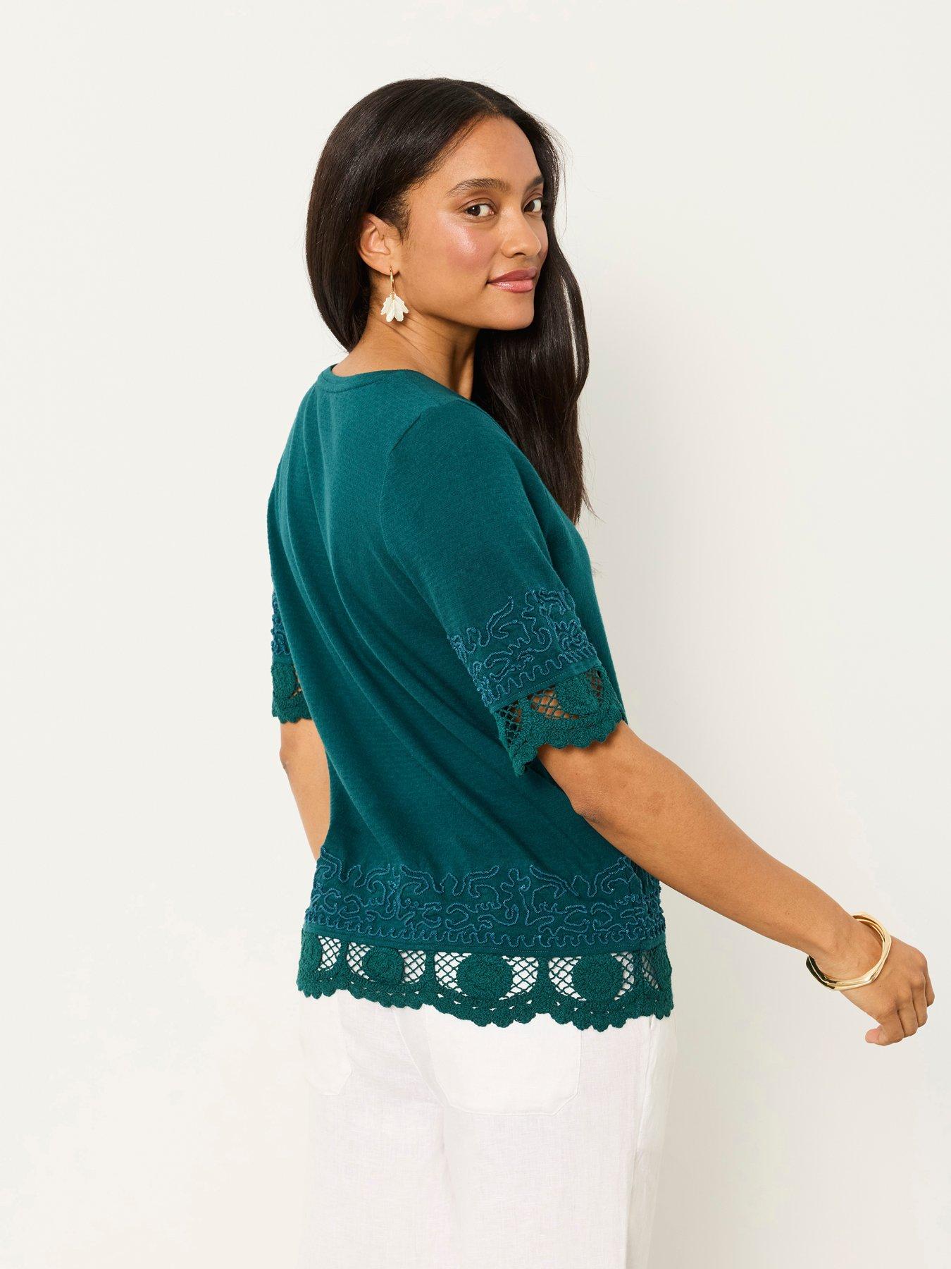 Image 2 of 6 of FatFace Chloe Crochet T-Shirt - Teal