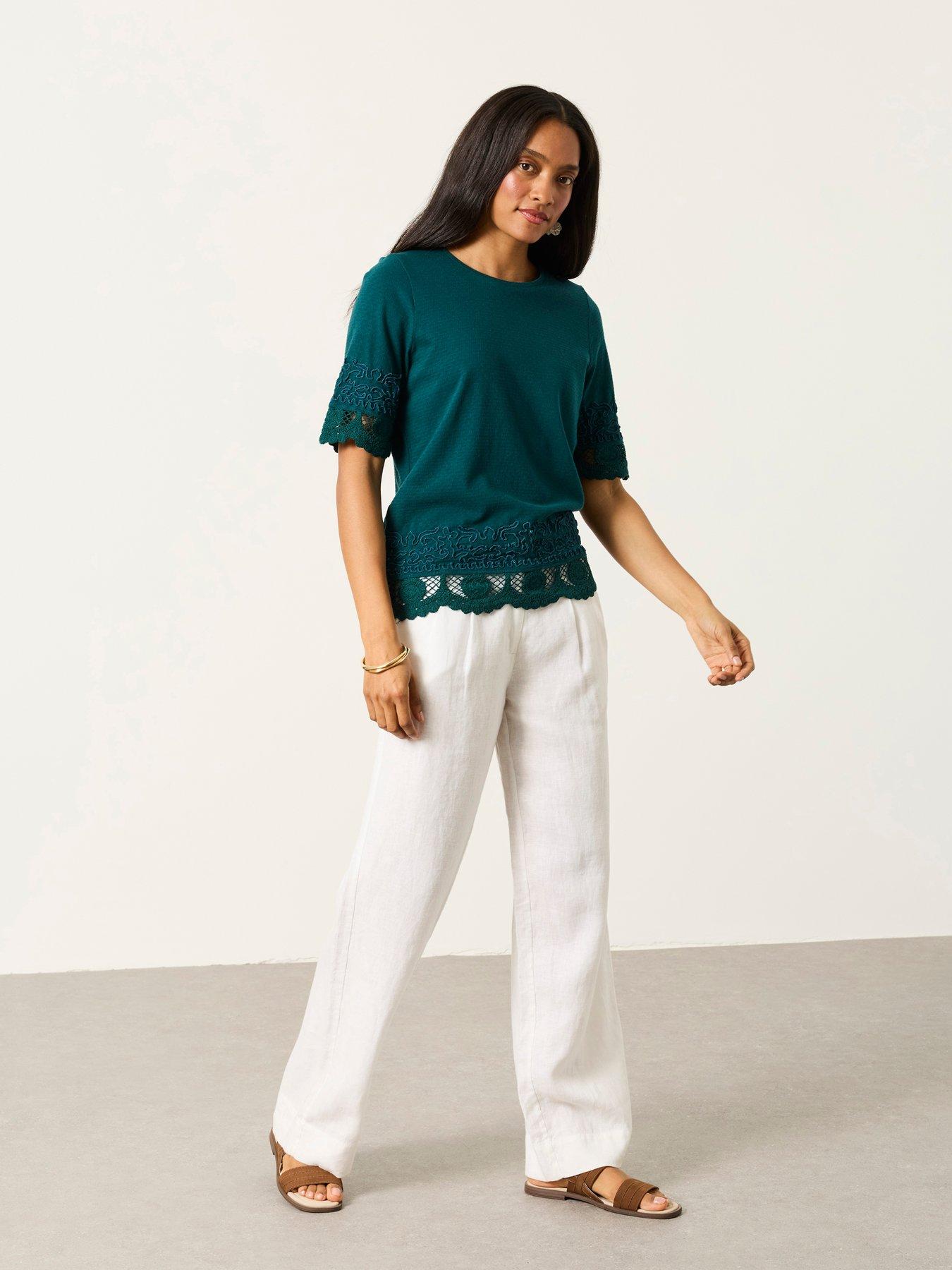 Image 3 of 6 of FatFace Chloe Crochet T-Shirt - Teal