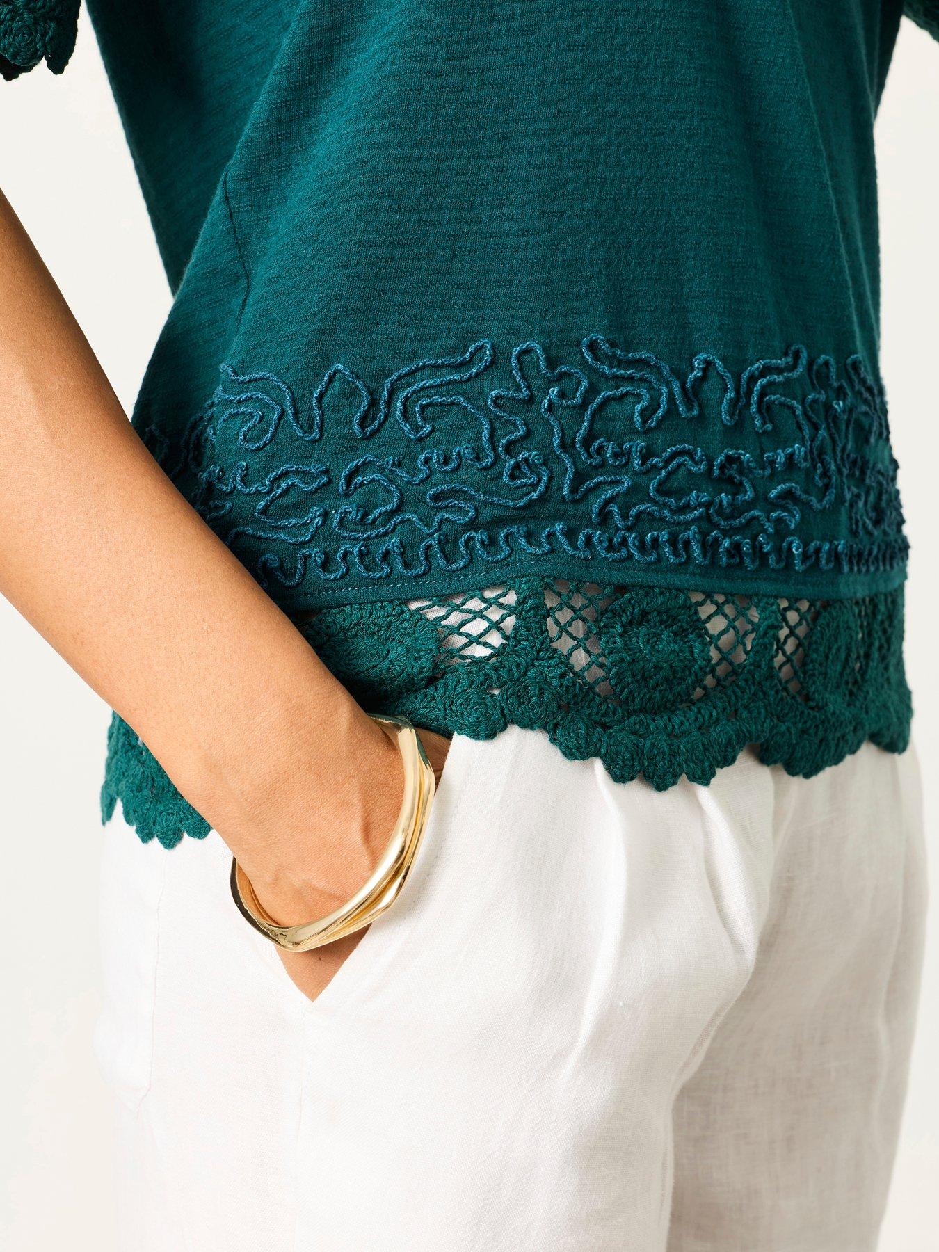 Image 4 of 6 of FatFace Chloe Crochet T-Shirt - Teal