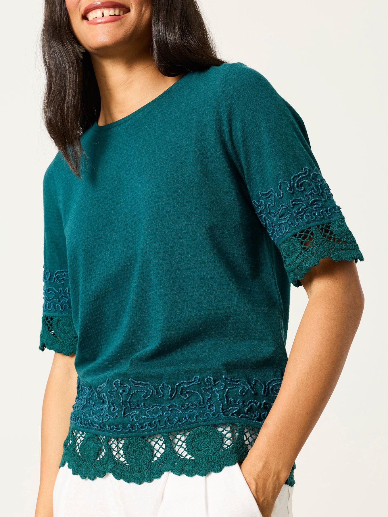 Image 5 of 6 of FatFace Chloe Crochet T-Shirt - Teal