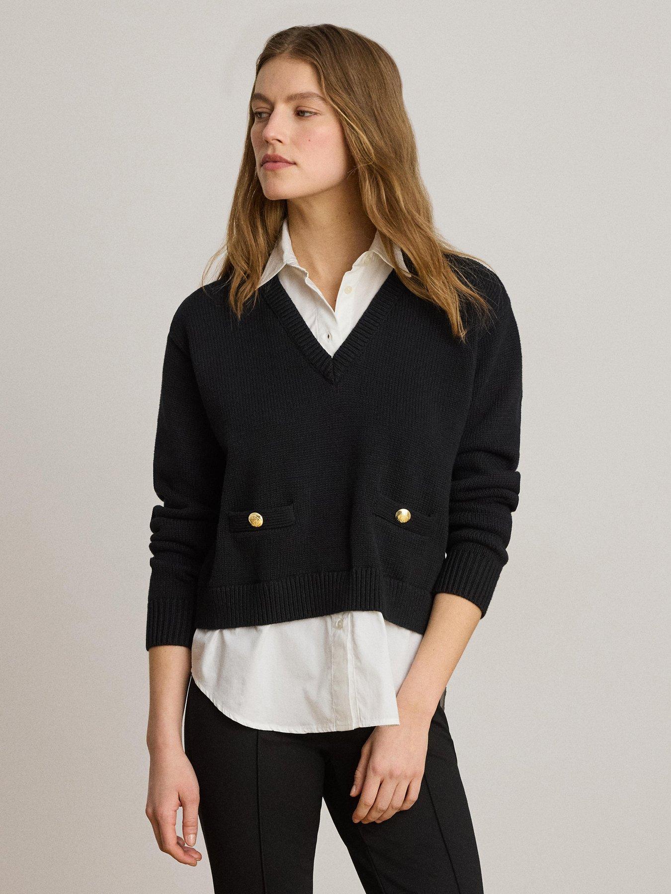 Lauren by Ralph Lauren Layered Button-Trim Cotton Jumper - Black/White
